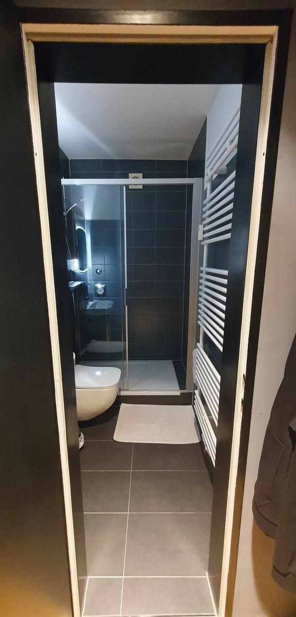 Badezimmer mit Dusche, Toilette und Heizkörper