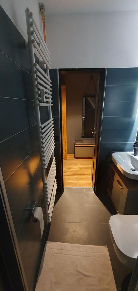 Badezimmer mit Dusche, Waschbecken und Heizkörper an der Wand.