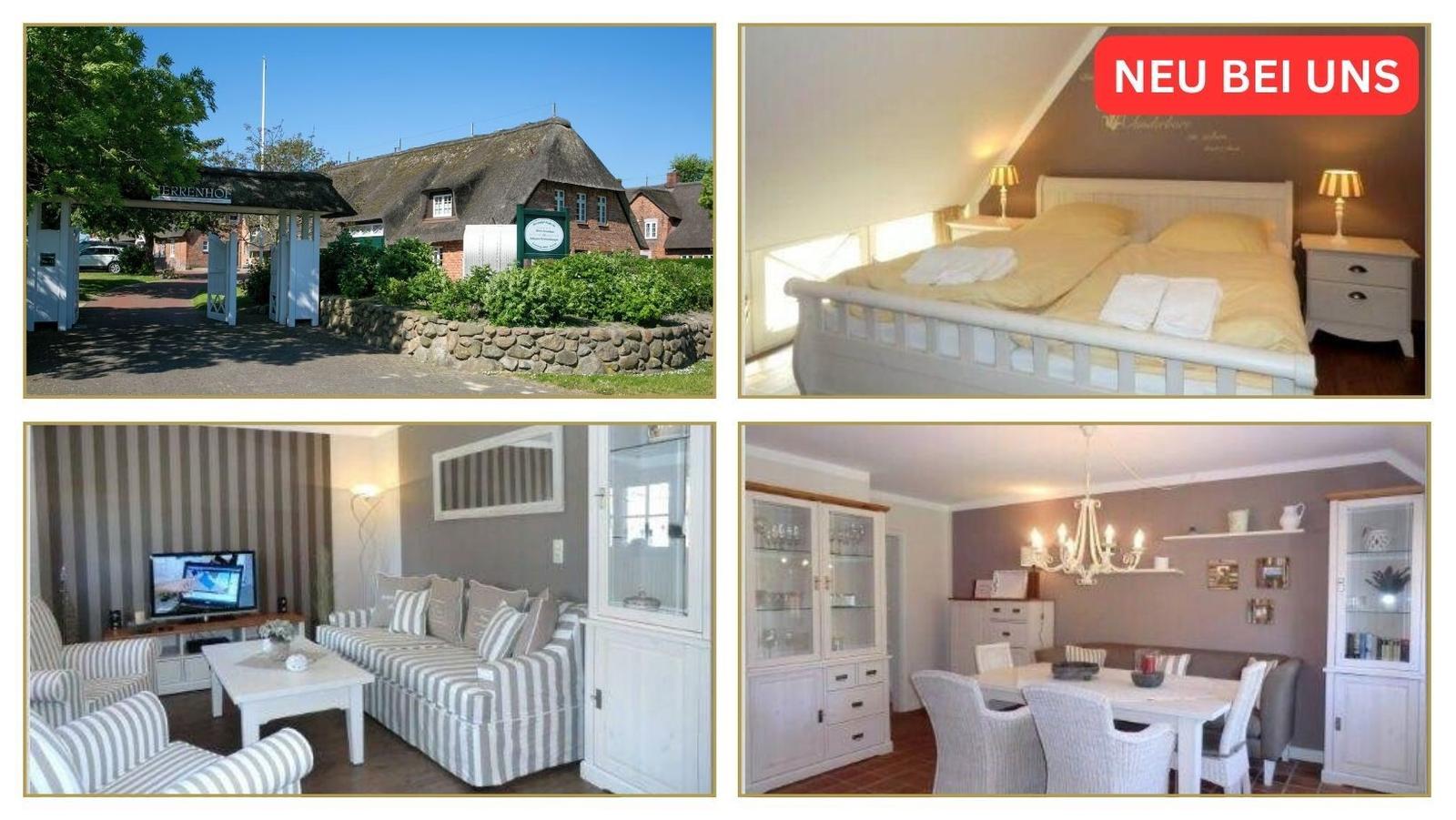 Ferienhaus mit Dachgeschosszimmer, Wohnzimmer und Essbereich. Außenansicht mit Eingangstor.