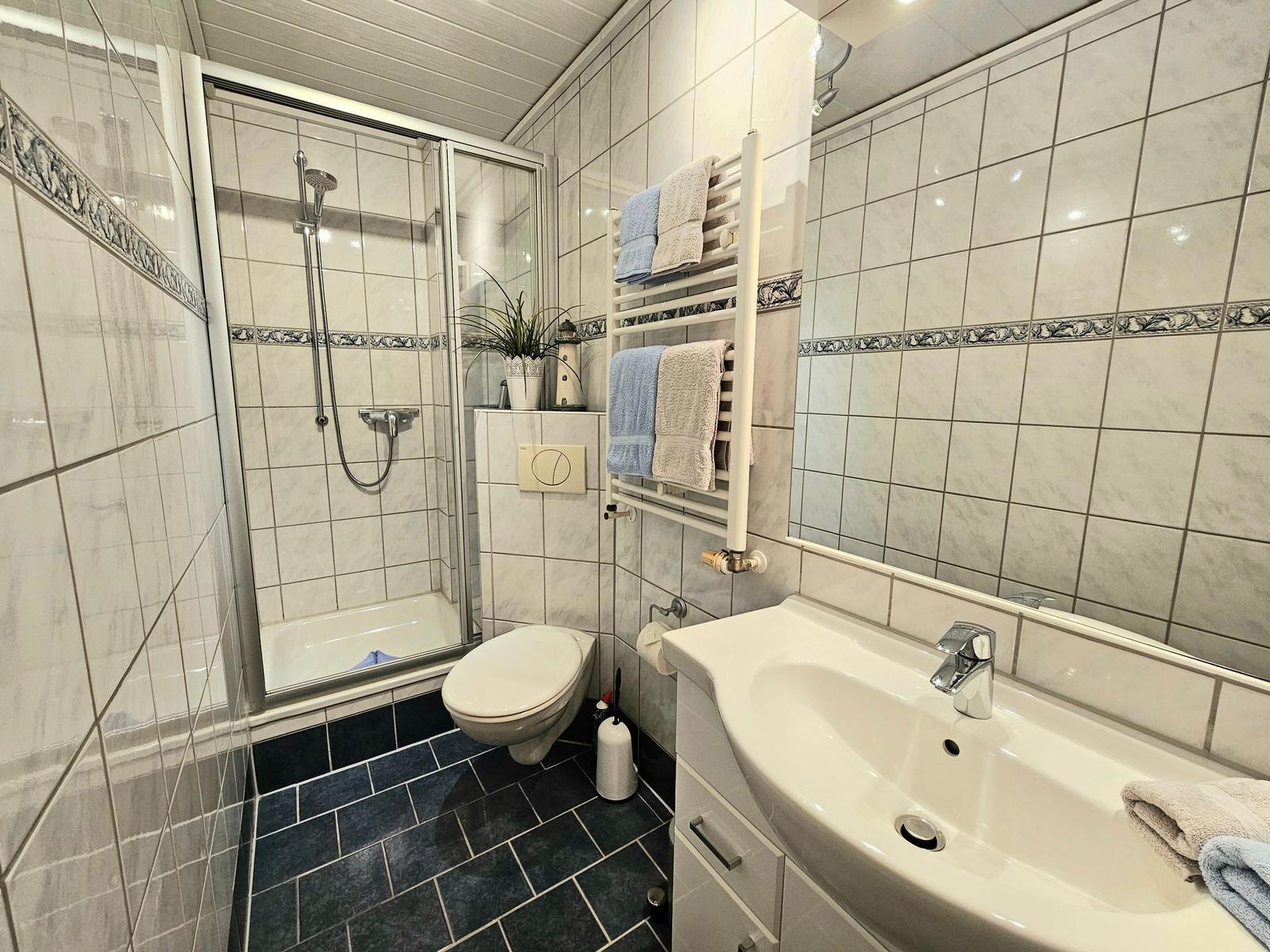 Badezimmer mit Dusche, Toilette und Waschbecken.