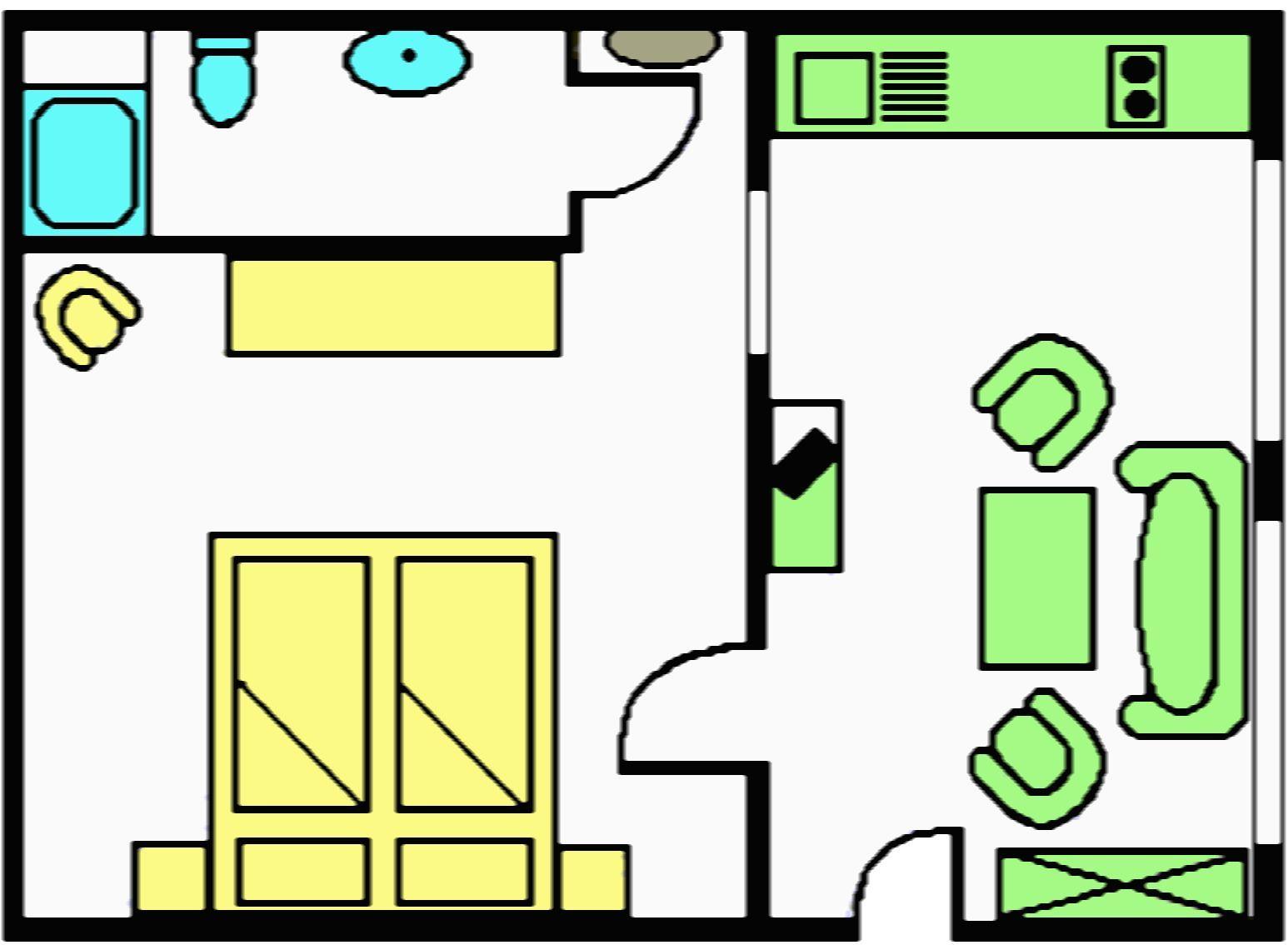Wohnung mit Küche, Bad und Wohnbereich. Türen und Möbel sind dargestellt.