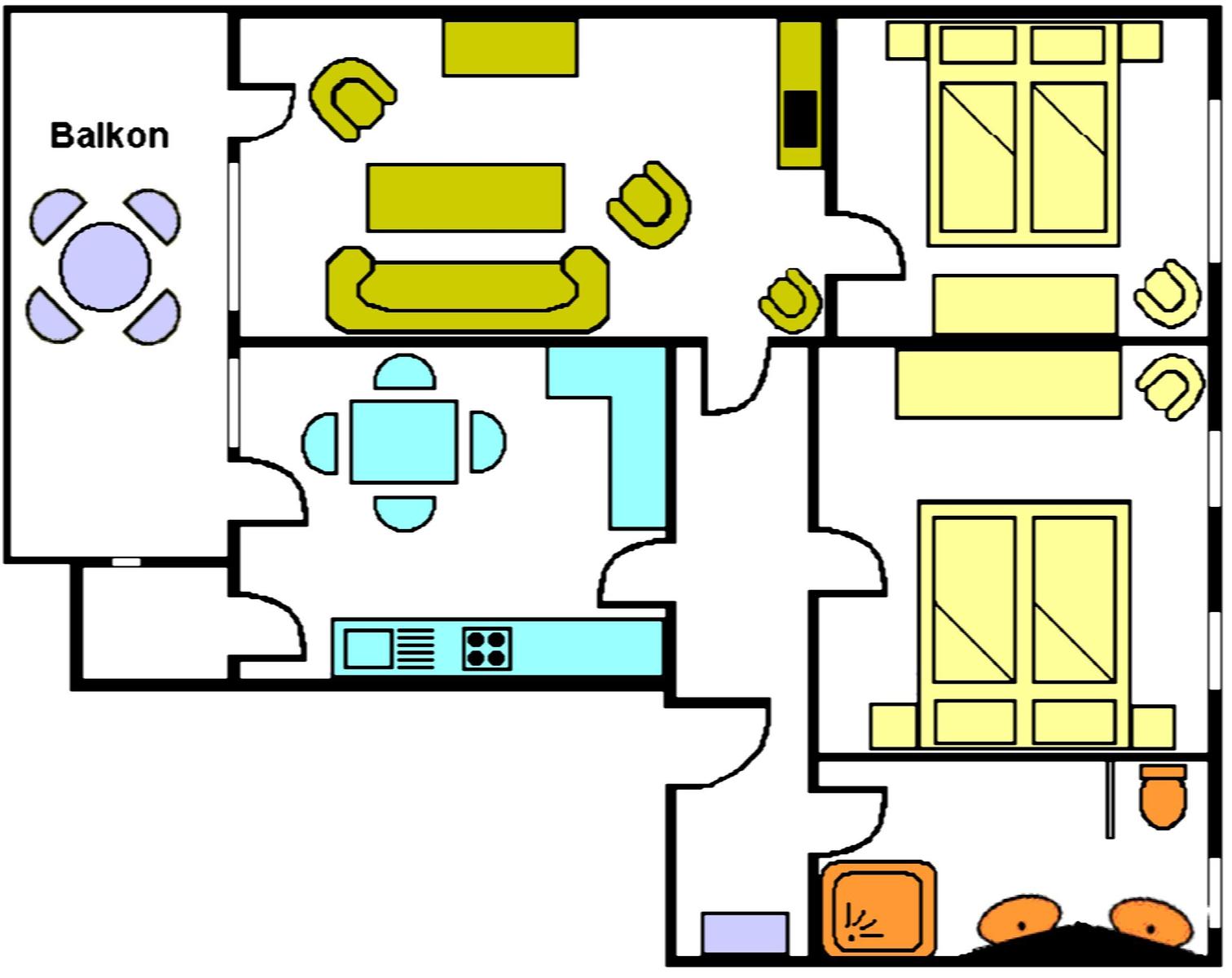 Wohnung mit Balkon, Küche, Essbereich und Schlafzimmer.