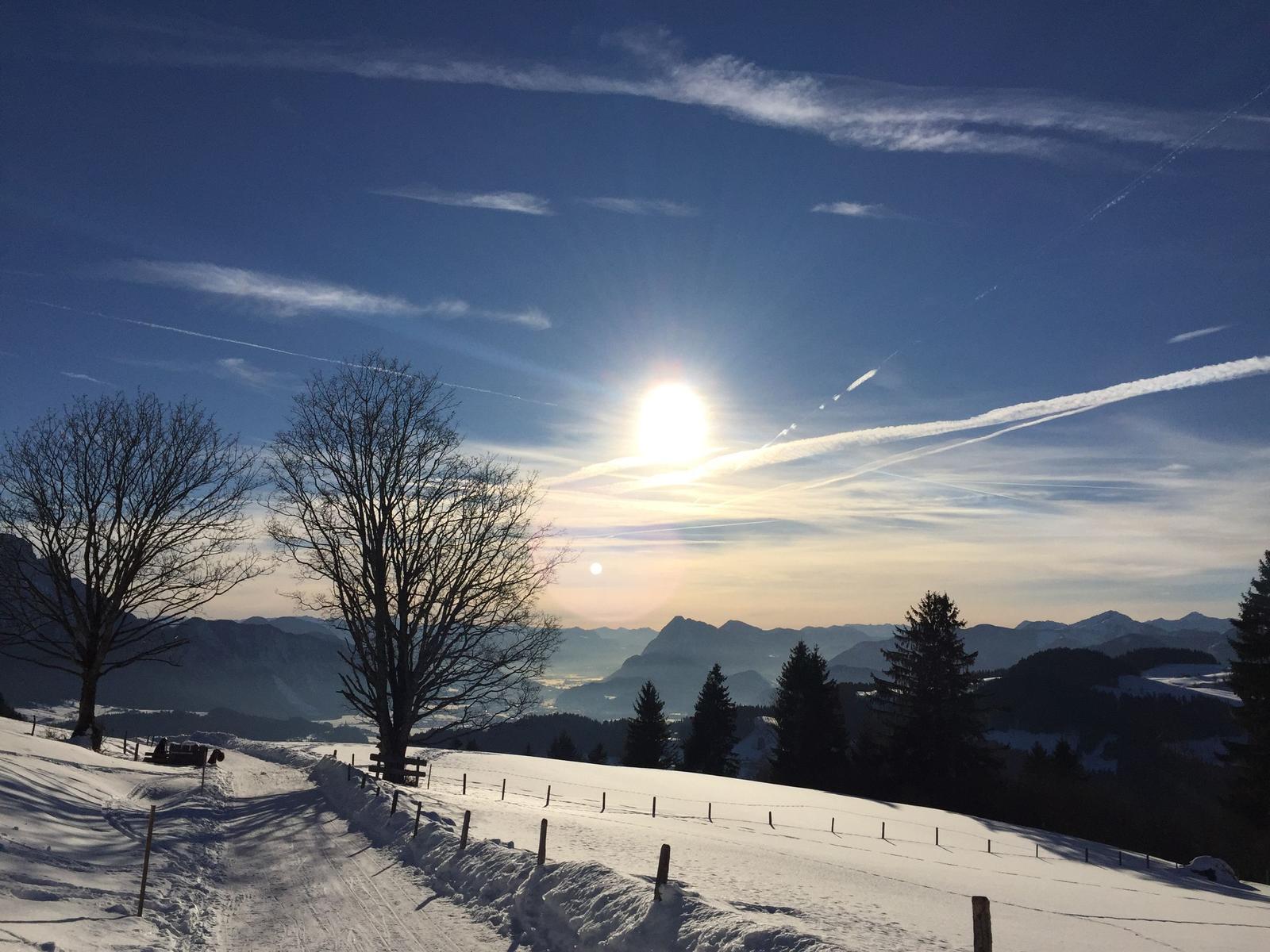 Snow-covered slope with trees and mountains under blue sky with sun.