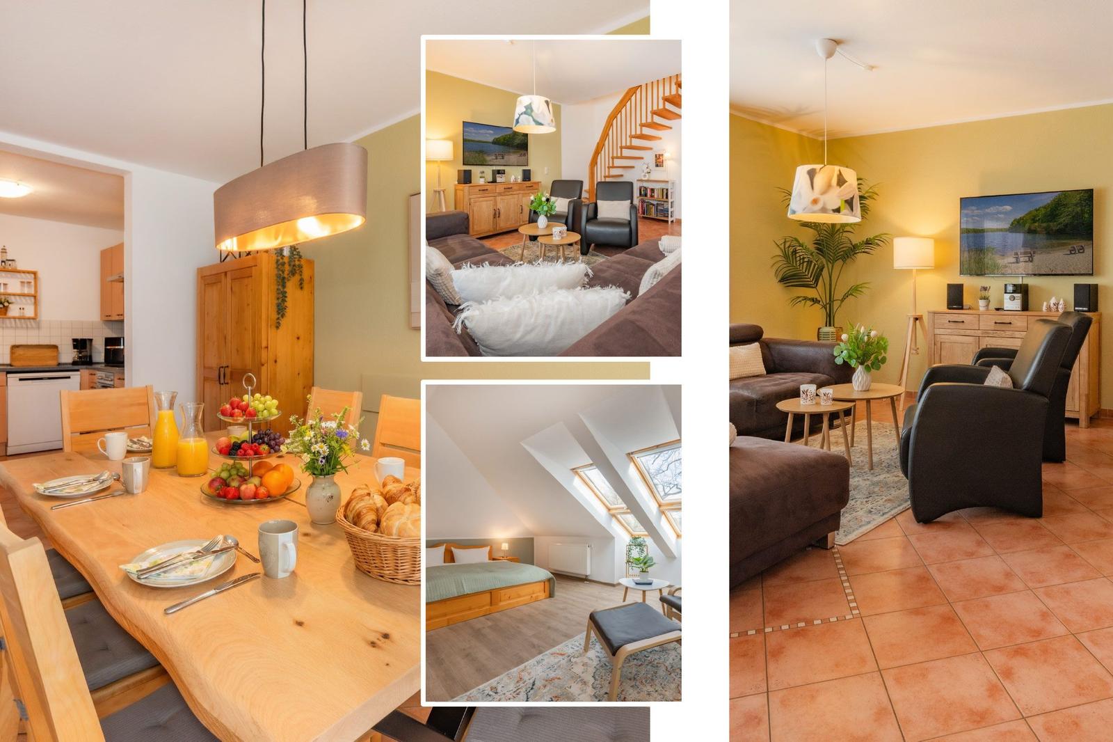 Wohnung mit Essbereich, Wohnzimmer, Schlafzimmer und Küche.