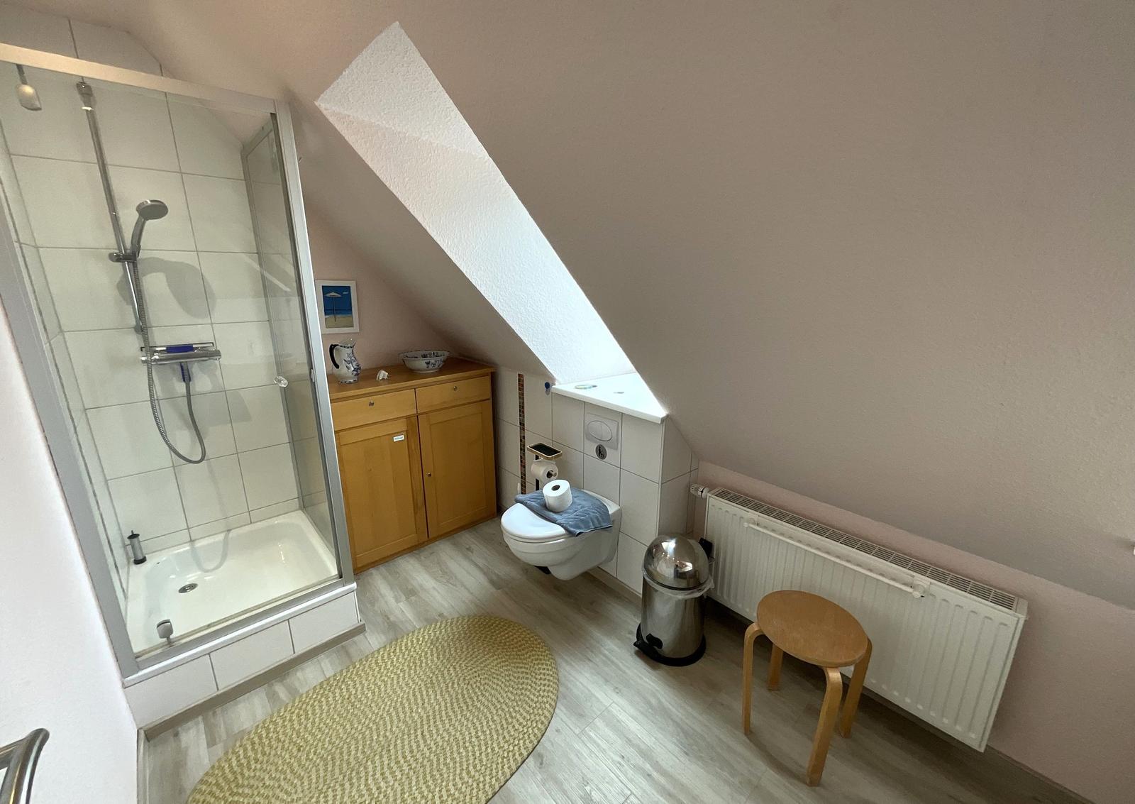 Duschbad mit Dusche, Toilette und Holzschrank unter Dachschräge