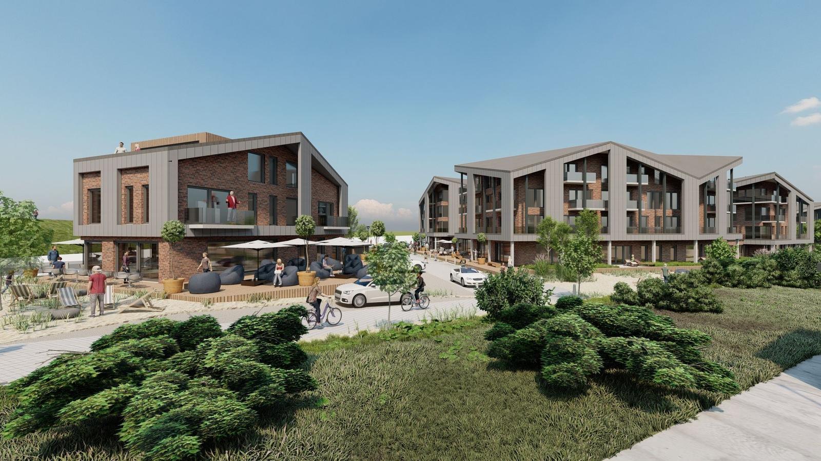 Moderne Wohnhäuser mit Balkonen und Grünflächen. Menschen genießen den Außenbereich.