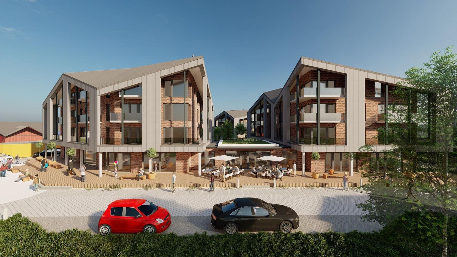 Moderne Wohnanlage mit Terrassen und Freizeitbereich im Freien.