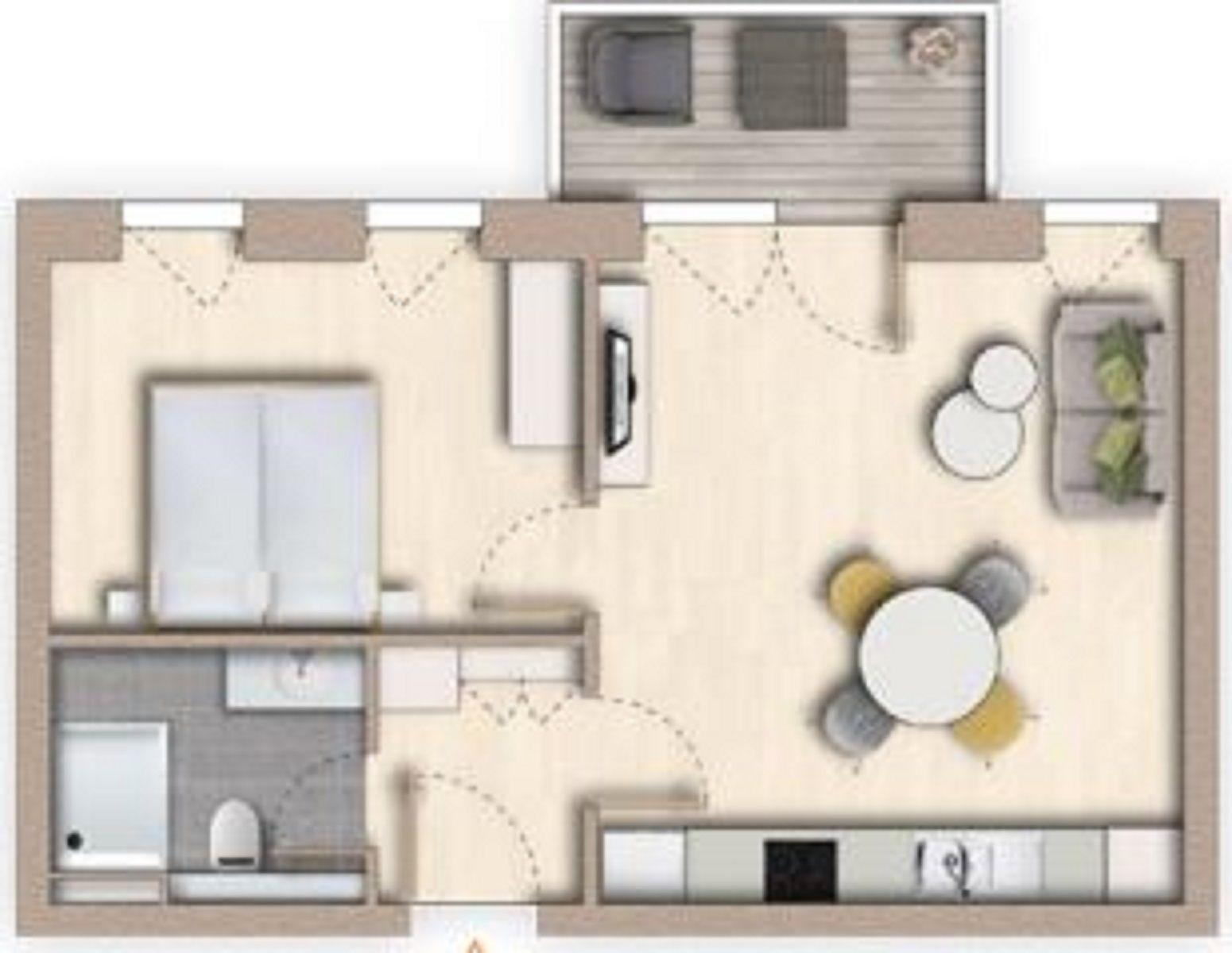 Ein Raum mit Schlafzimmer, Wohnbereich, Küche und Bad. Außenbereich mit Sitzgelegenheit.