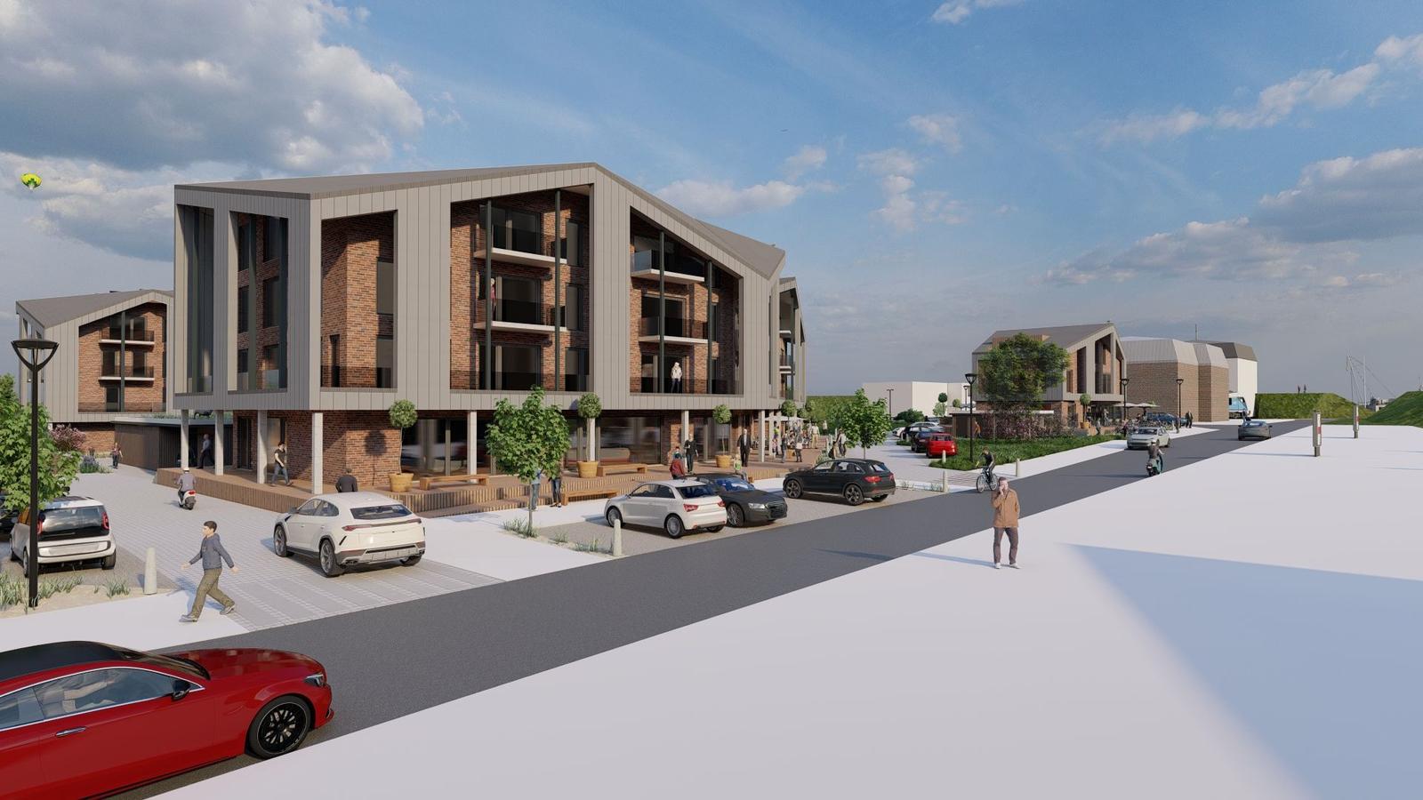 Moderne Wohnanlage mit Balkonen und Parkplätzen. Menschen und Fahrzeuge sind sichtbar.