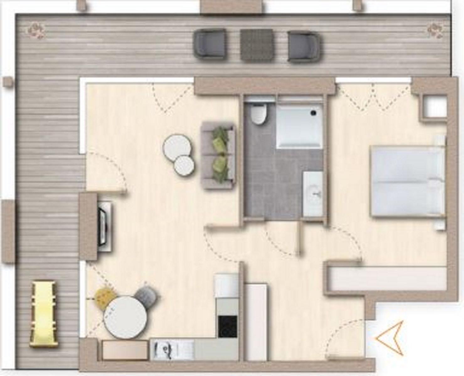 Die Wohnung hat eine Küche, Wohnbereich, Schlafzimmer und Bad mit Dusche.