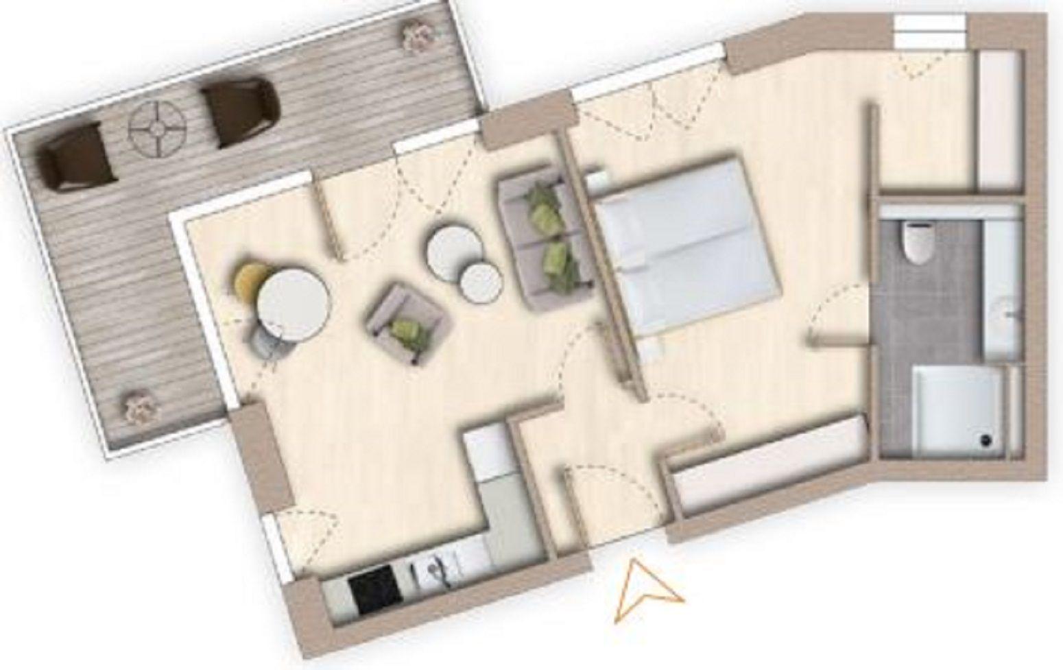 Dieses Apartment hat eine Küche, ein Wohnzimmer, ein Schlafzimmer und ein Badezimmer.