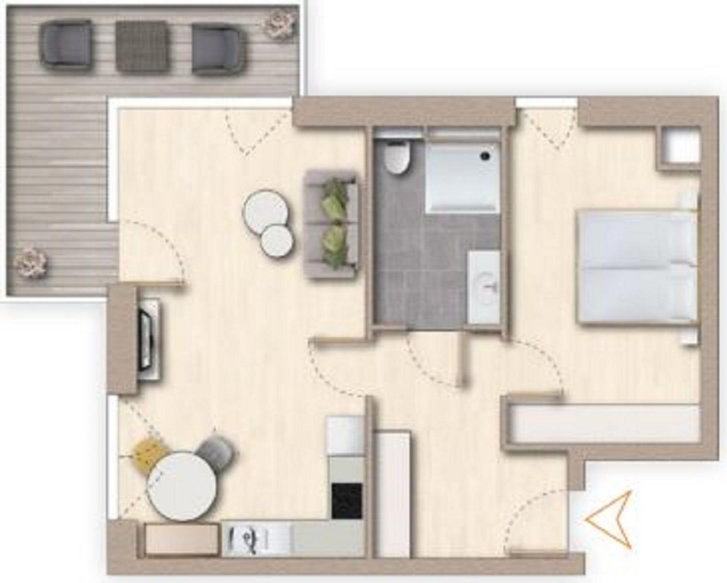 Wohnung mit Schlafzimmer, Bad und Terrasse. Küche und Wohnbereich sind integriert.