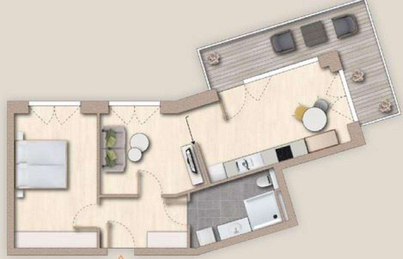 Wohnung mit Schlafzimmer, Küche, Bad und Terrasse