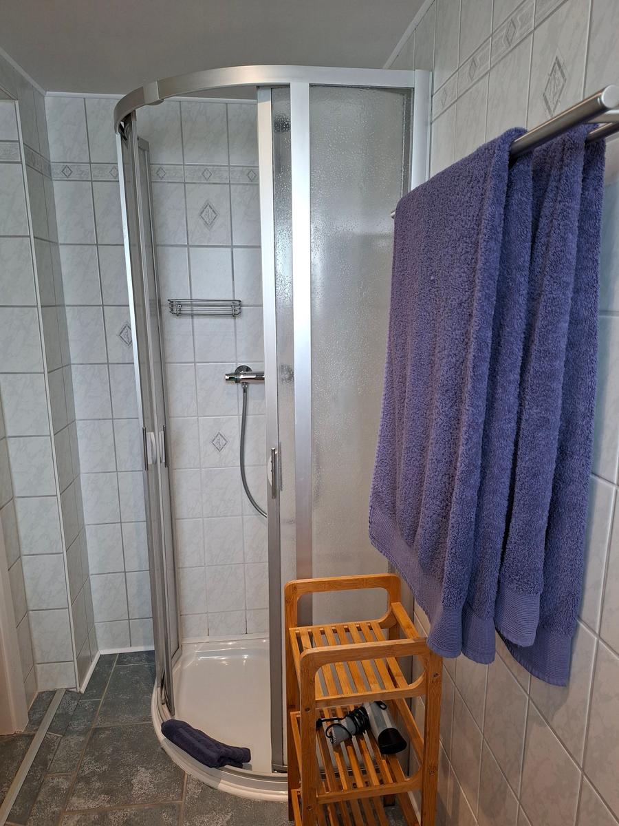 Dusche mit Duschbank, Handtuchhalter und Holzregal