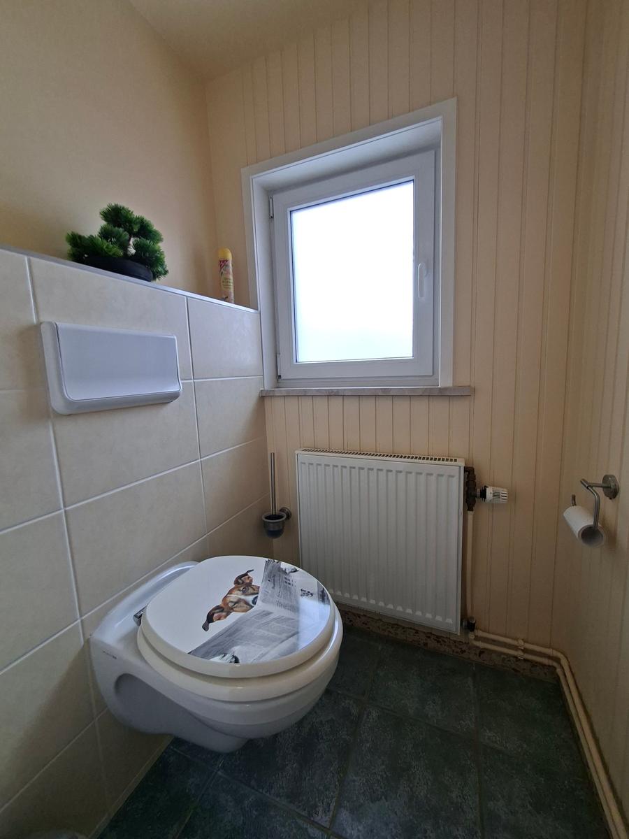 Badezimmer mit Toilette, Fenster und Heizkörper