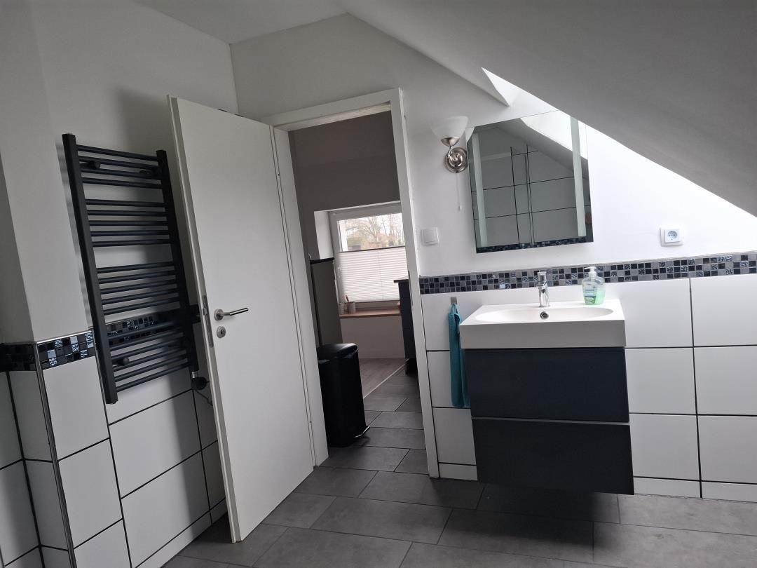 Badezimmer mit Waschbecken, Spiegel und Heizkörper an der Wand.