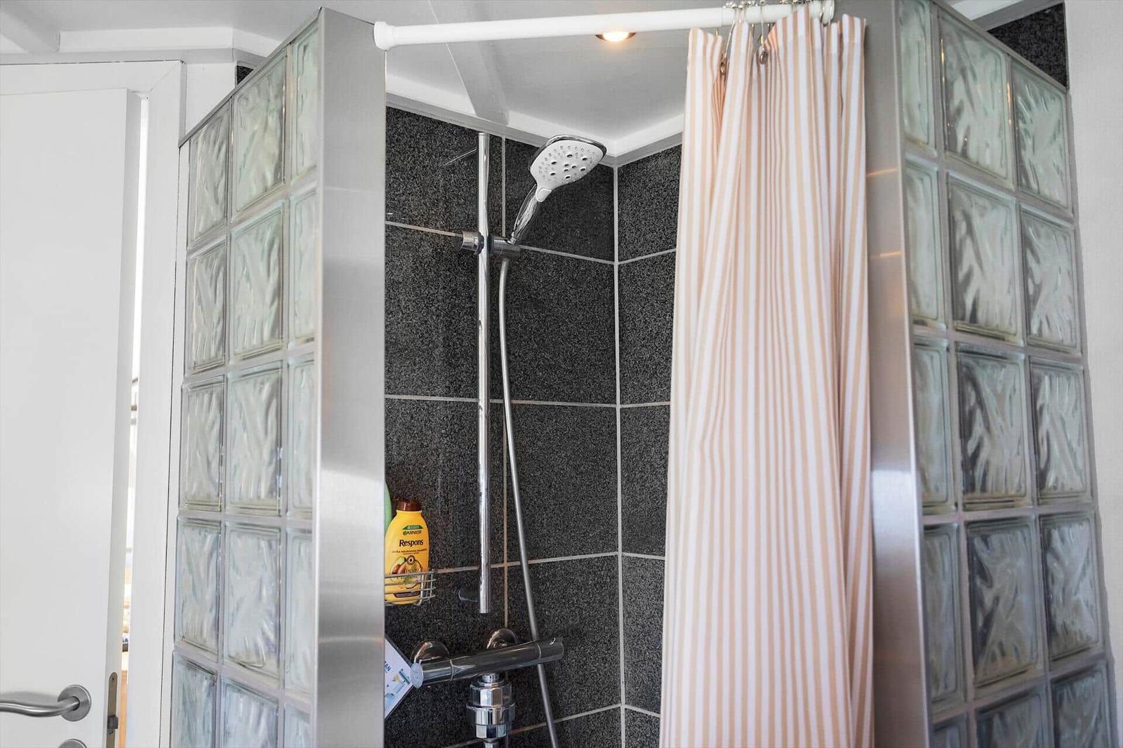 Shower with glass block wall and pink striped curtain