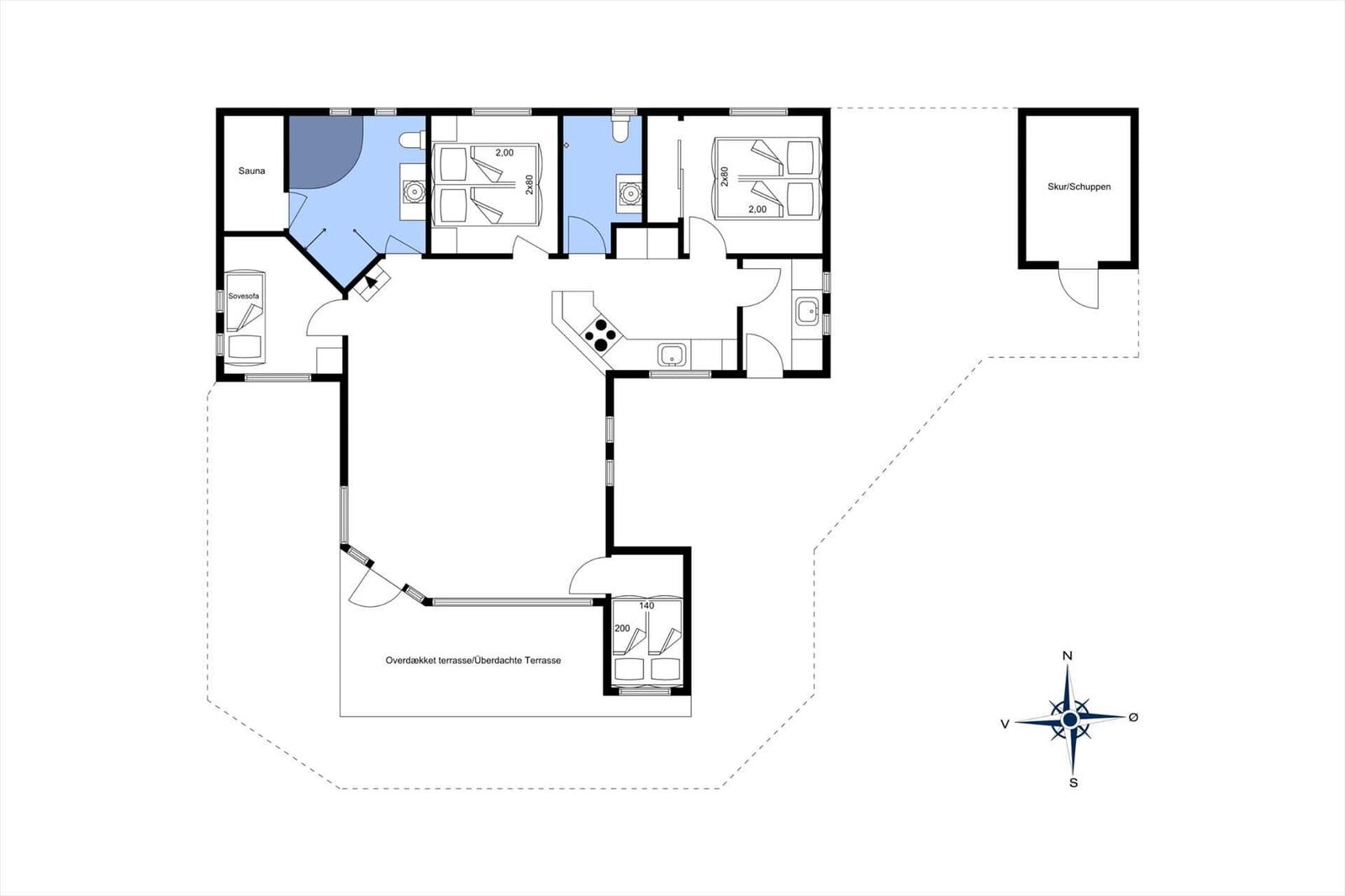 Functional floor plan with sauna, kitchen, and covered terrace.