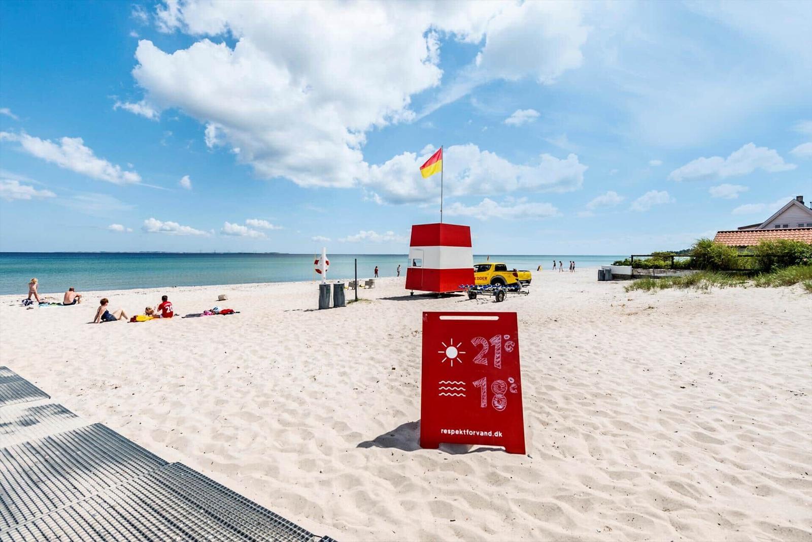 Beach with lifeguard station, sun sign, and bathers.
