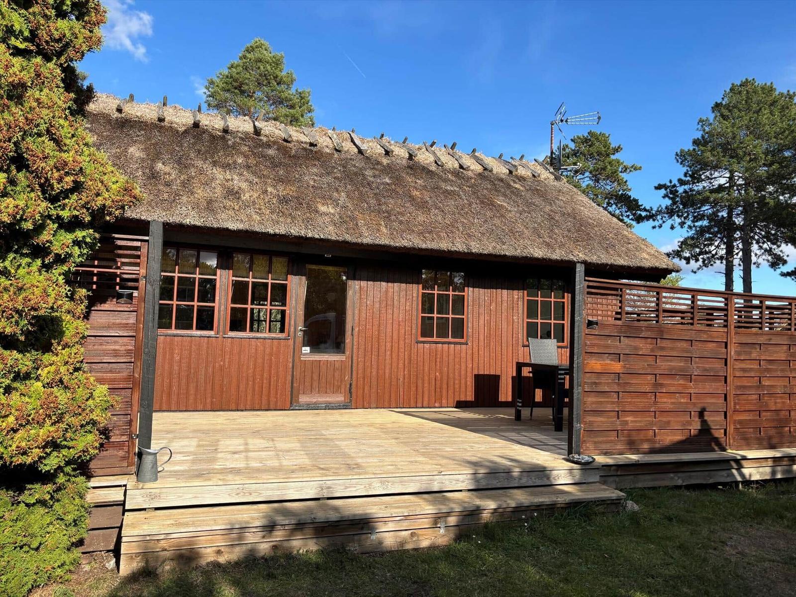 Wooden house with thatched roof and terrace. Garden with trees and sky.