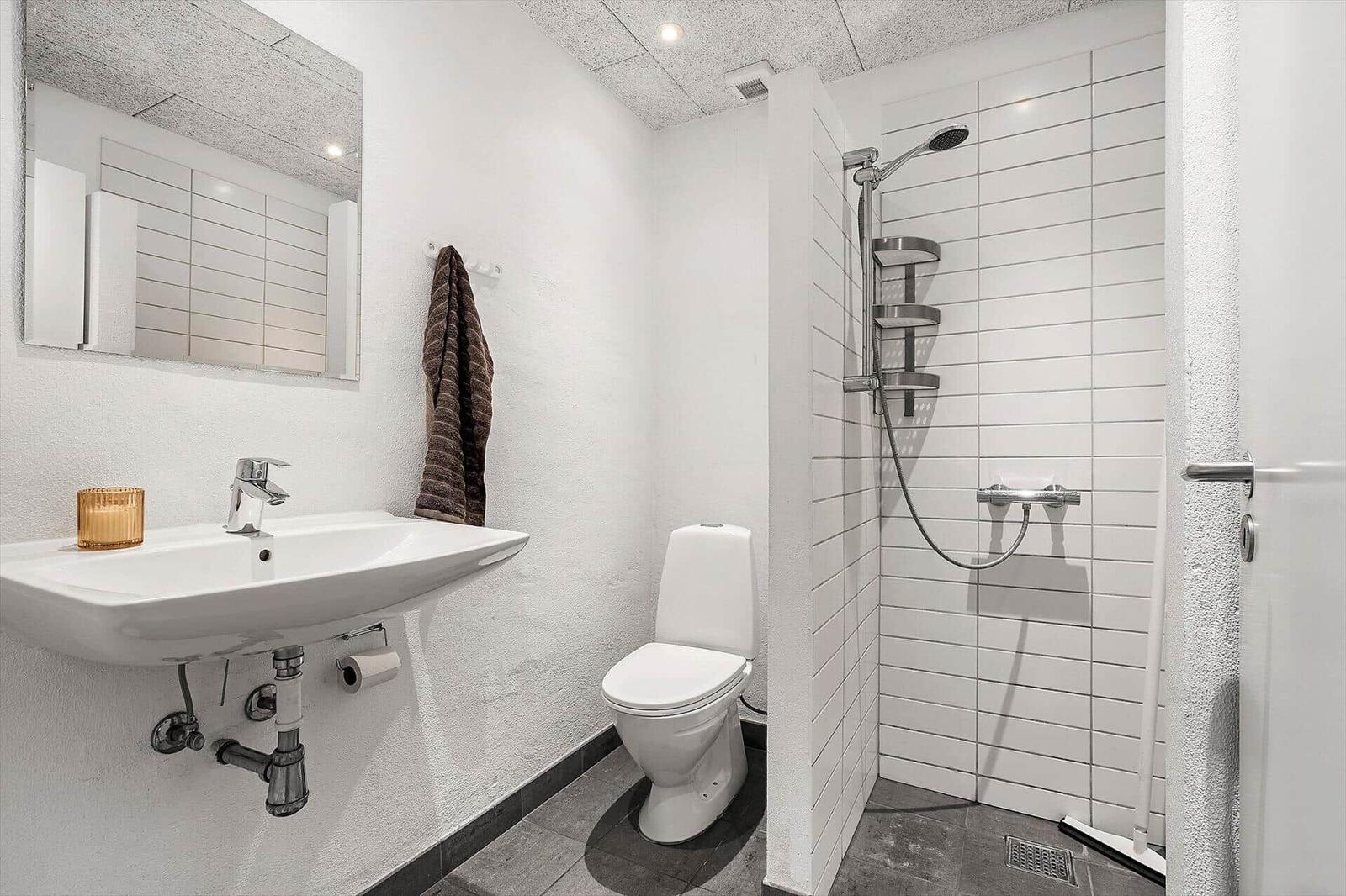 Badezimmer mit Dusche, Toilette und Waschbecken.
