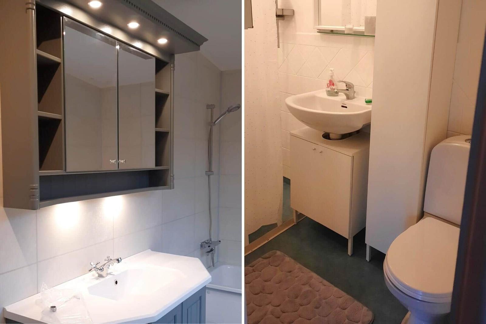 Badezimmer mit Dusche, Waschbecken und Spiegelschrank. Rechts Toilette und Waschbecken.