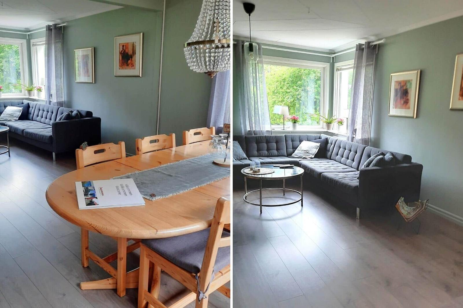 Wohn- und Essbereich mit Sofa, Tisch und Fenster