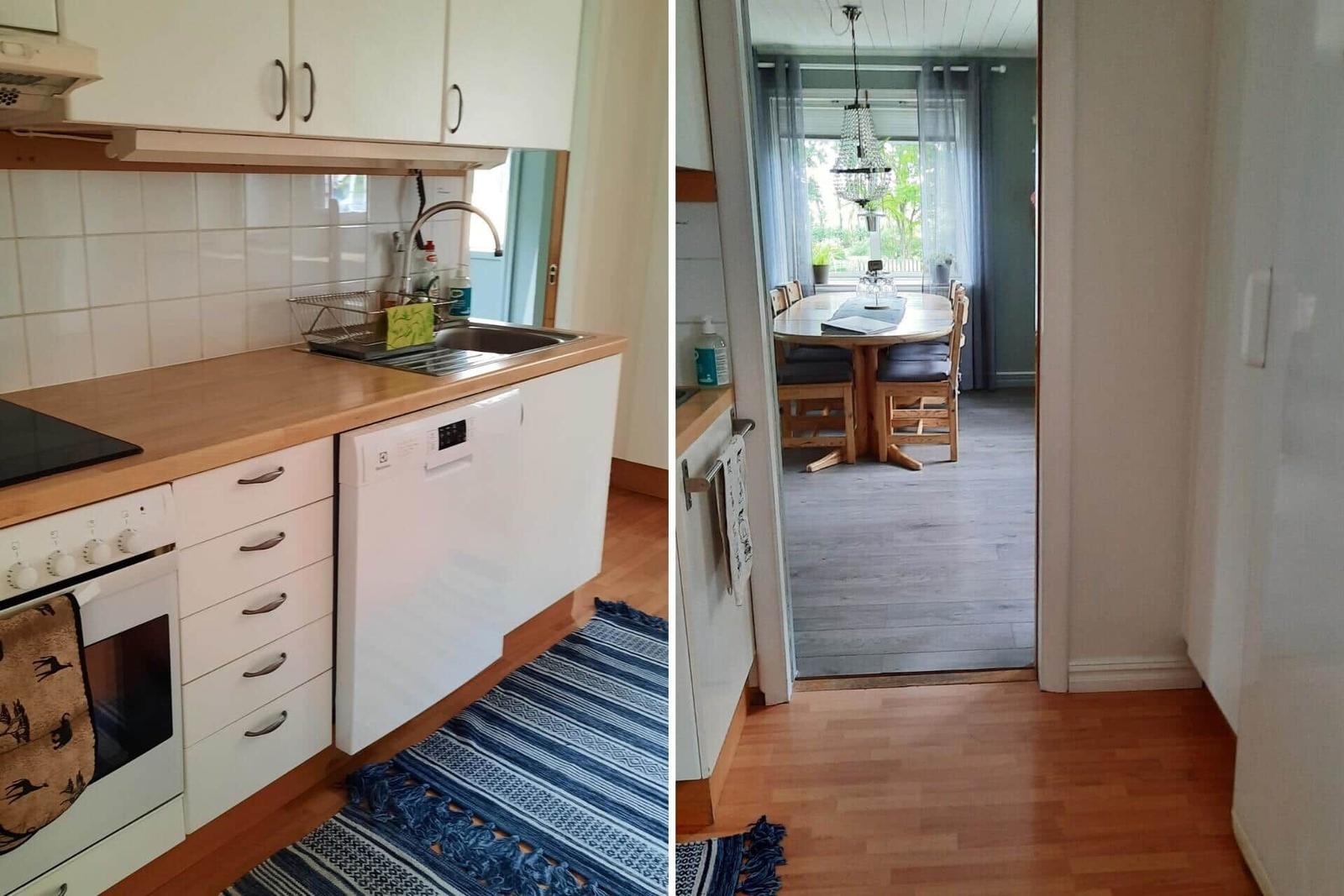 Küche mit Spüle und Waschmaschine. Durchgang in Esszimmer mit Tisch und Stühlen.