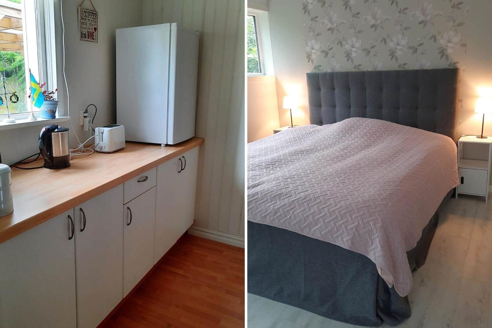 Küche mit Kühlschrank, Kaffeemaschine und Toaster. Schlafzimmer mit Bett, Nachttischen und Wandbehang.