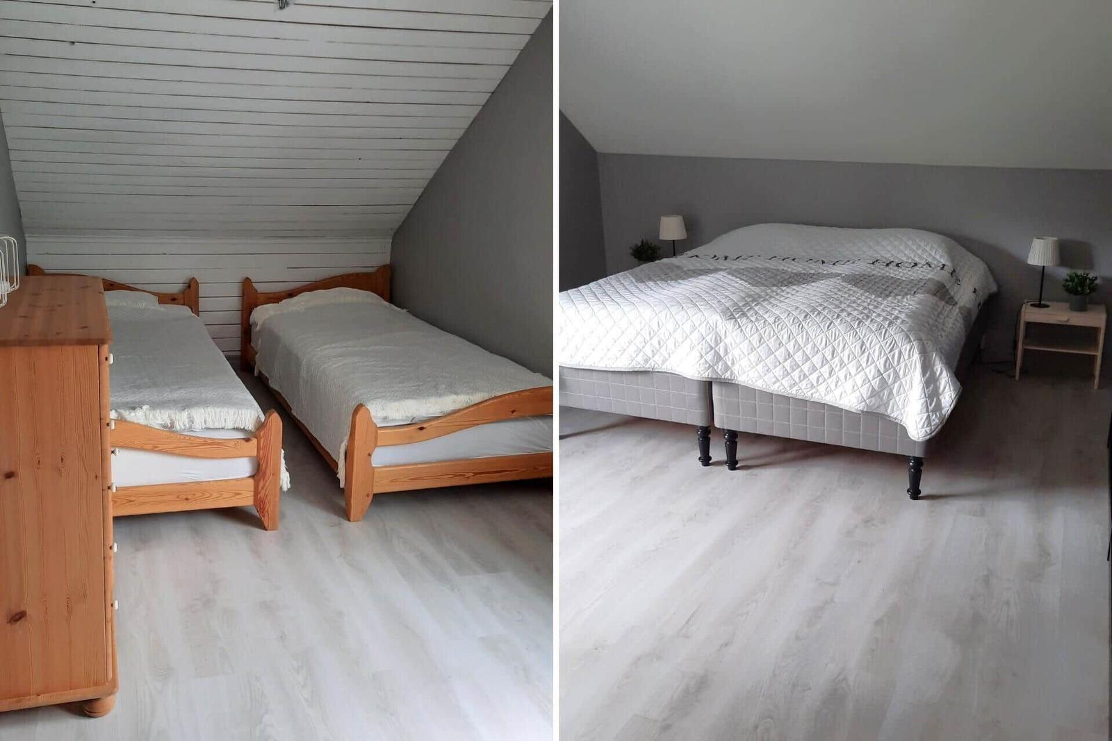 Zwei Schlafzimmer mit jeweils einem Bett und Holzmöbeln.