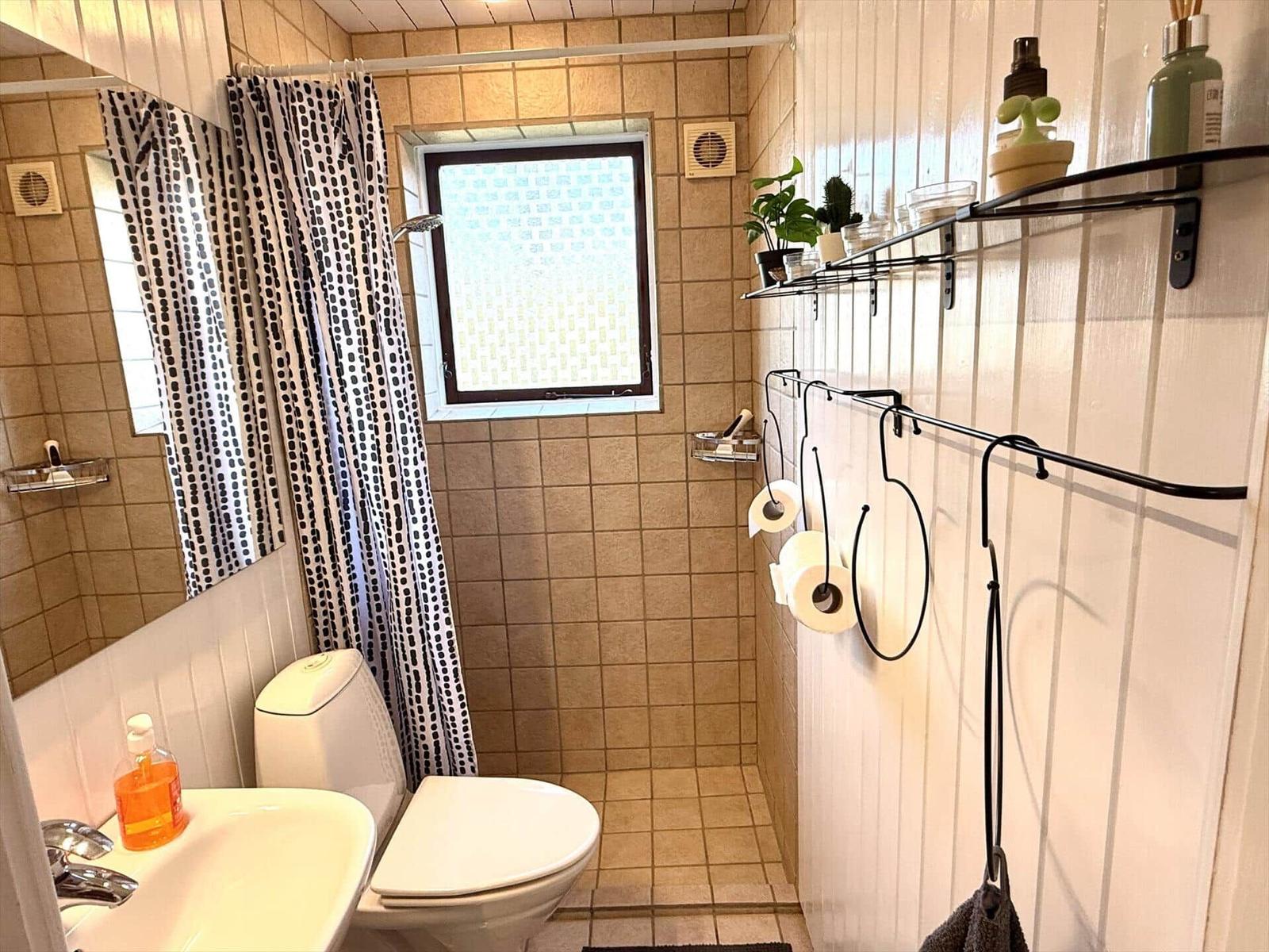 Badezimmer mit Dusche, Toilette und Waschbecken. Fenster, Regal und Handtuchhalter sichtbar.