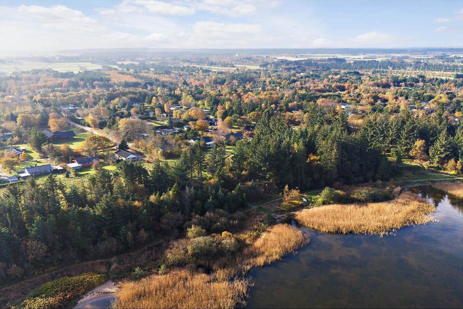 Landschaftsaufnahme mit Wald, See und Wohnhäusern im Herbst.