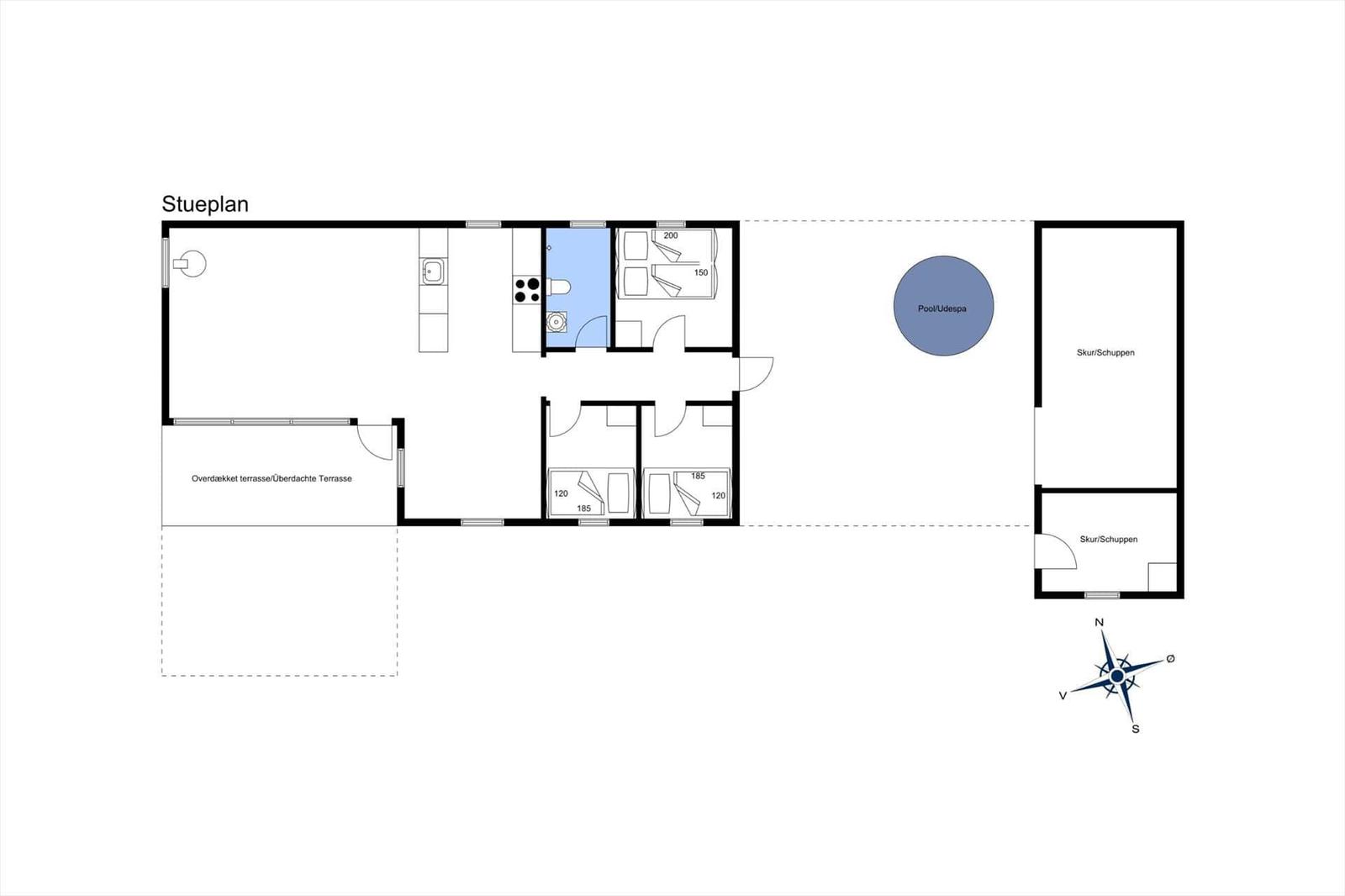 Floor plan shows living area, kitchen, bedrooms, and pool area.