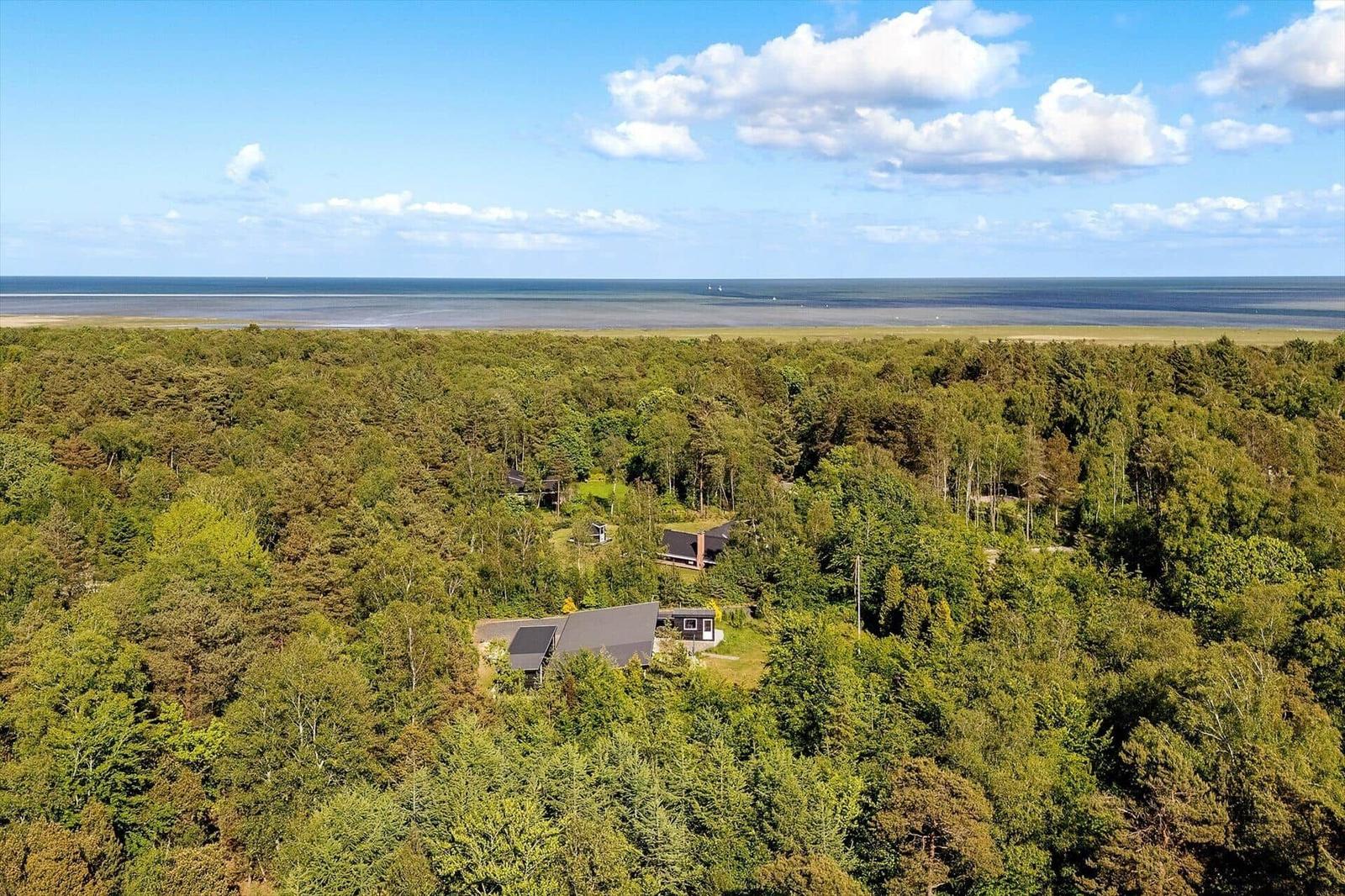 Haus im Wald mit Blick auf Meer und Himmel