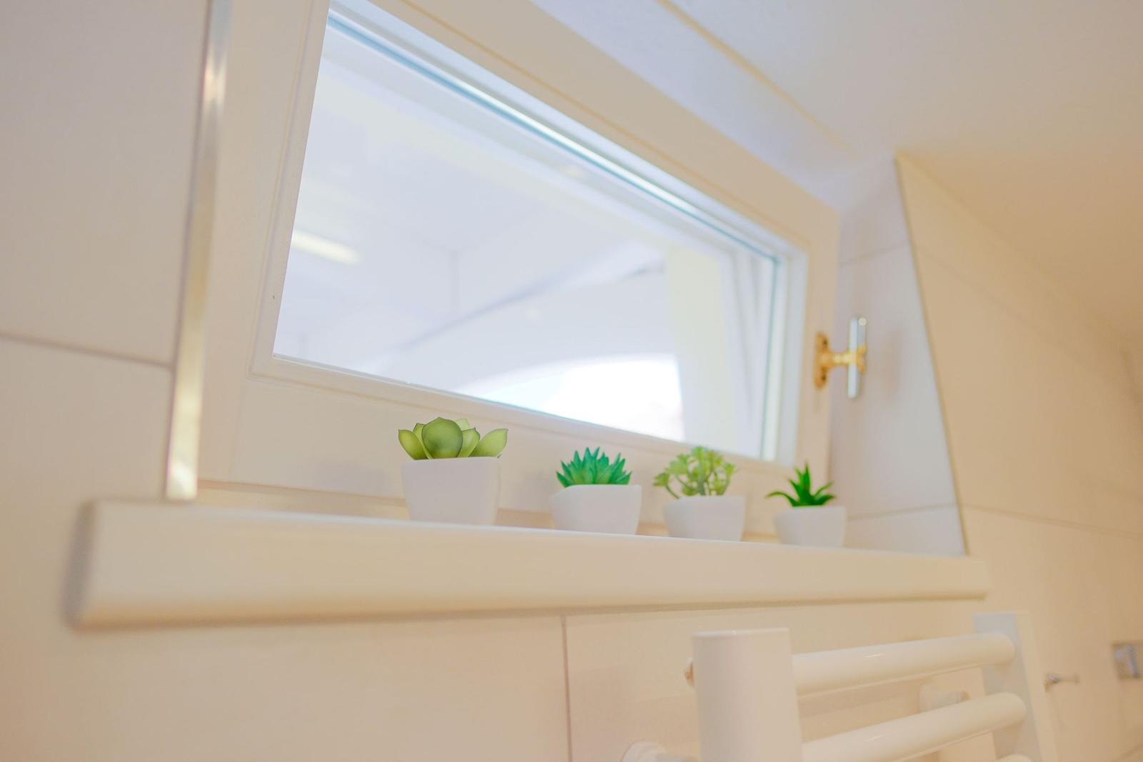 Badezimmer mit Fenster und vier kleinen Pflanzen in weißen Töpfen.