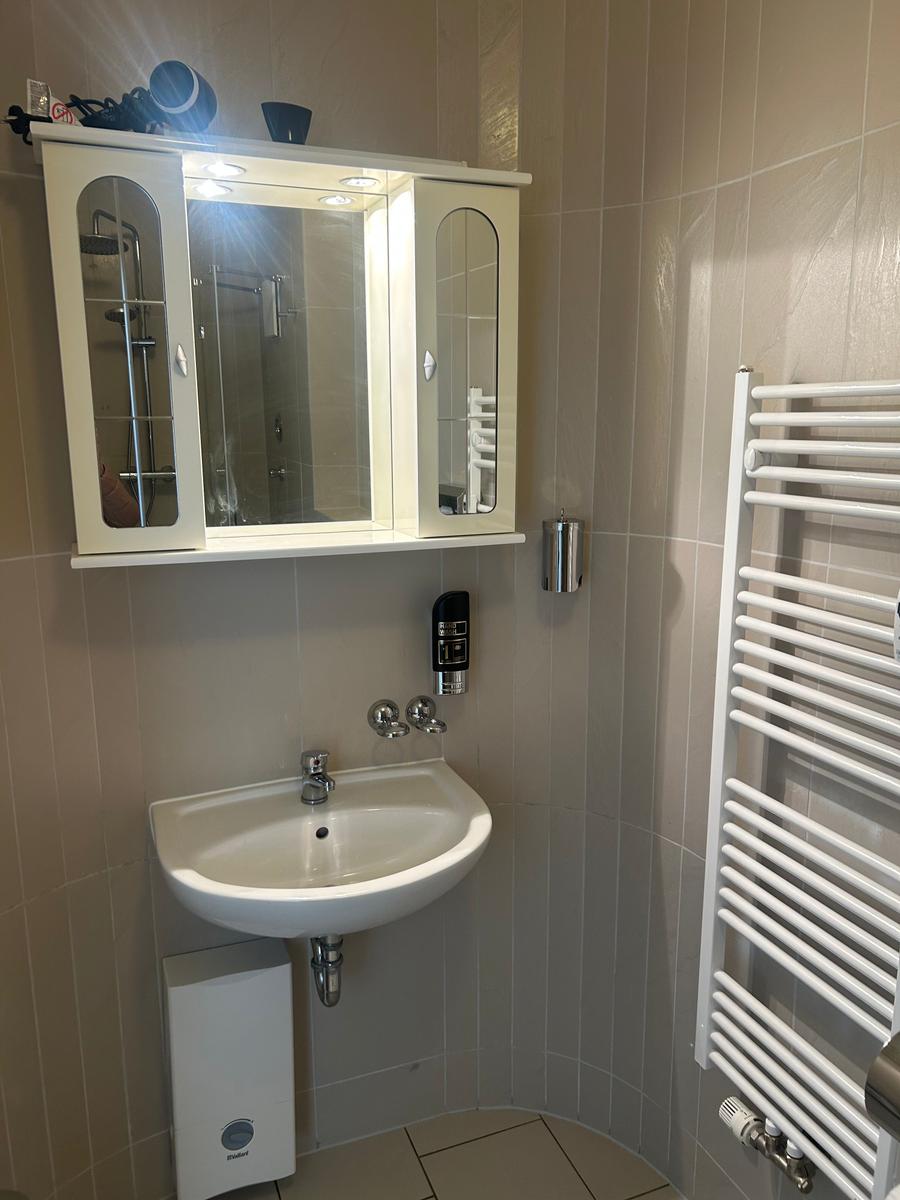 Badezimmer mit Waschbecken, Spiegelschrank und Heizkörper