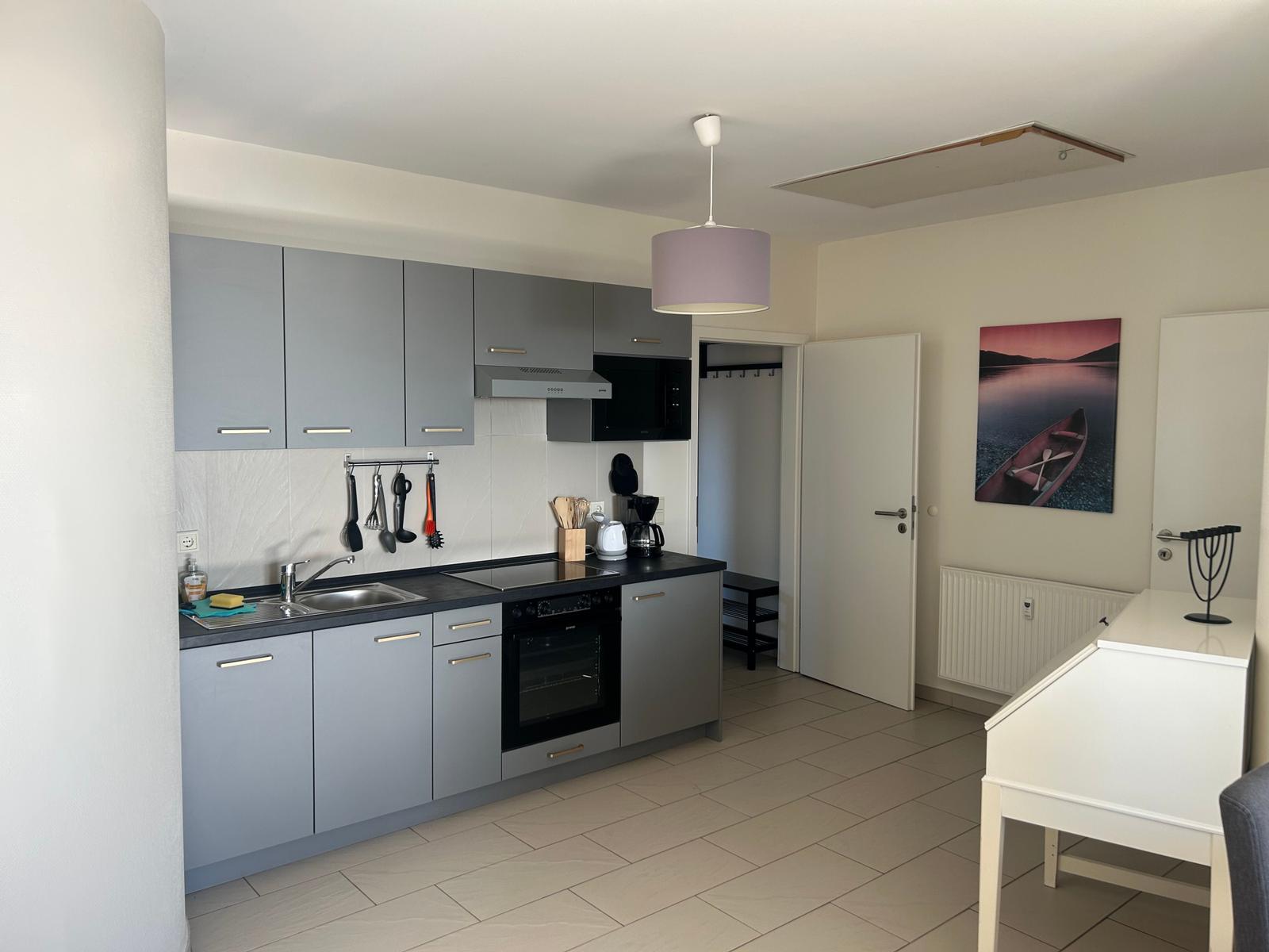 Sehr gut eingerichtete Küchenzeile im Wohnzimmer.