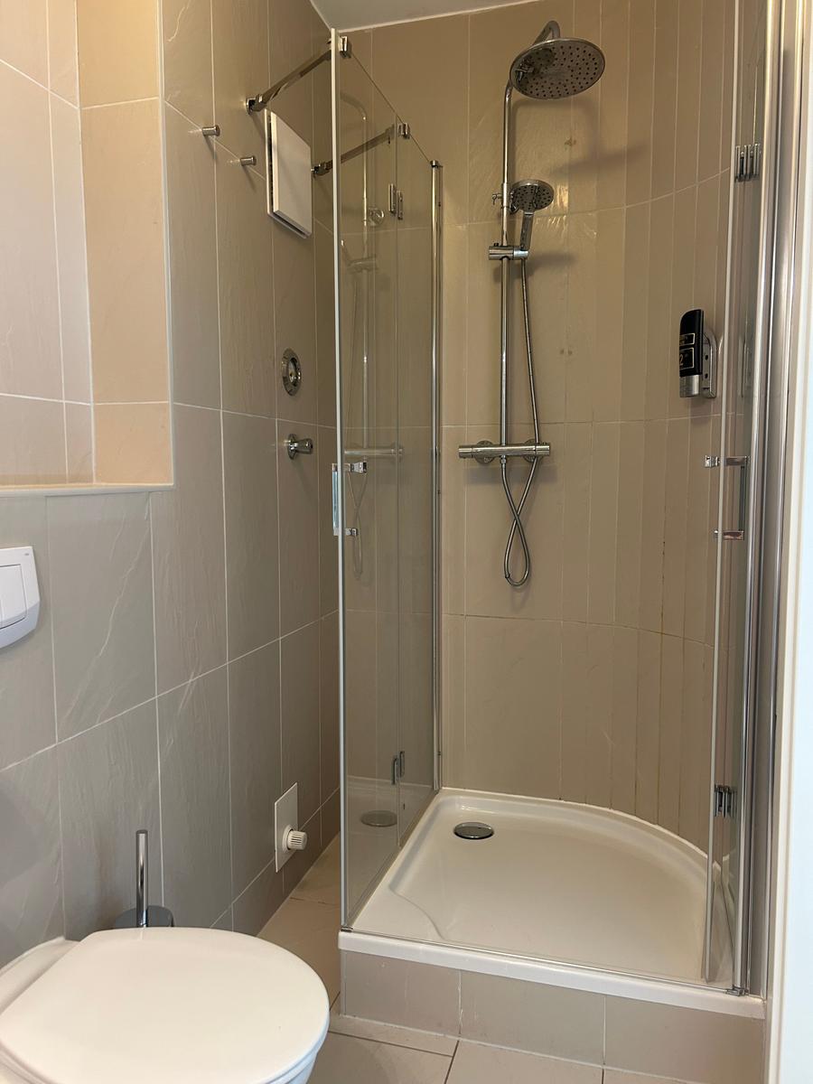 Badezimmer mit Dusche, Toilette und Wandverkleidung.