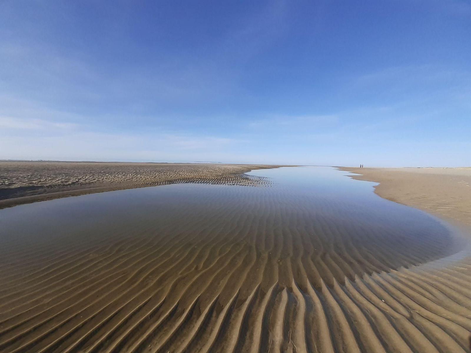 Sandflächen mit Wellenmuster und Wasserpfad unter blauem Himmel