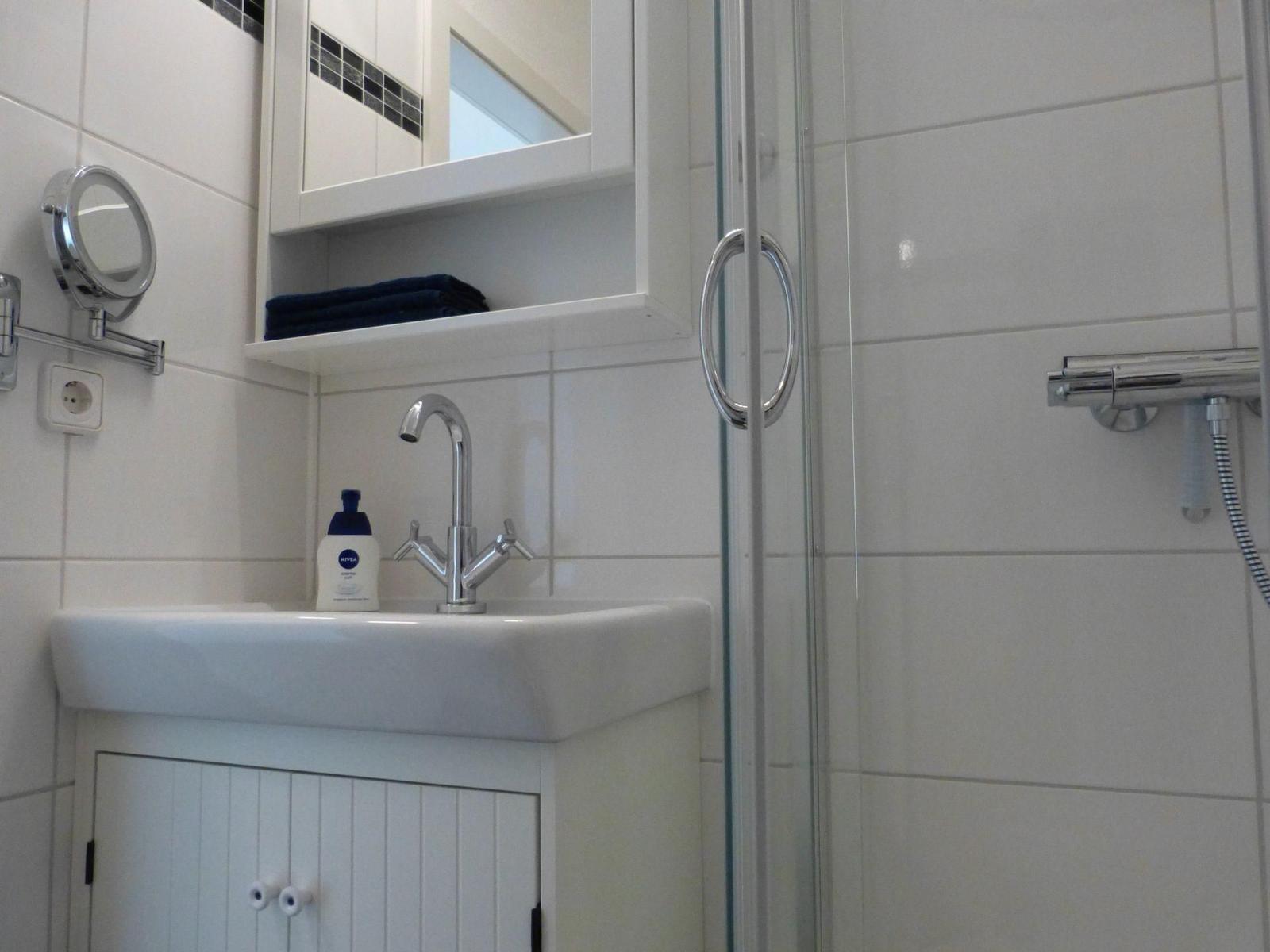 Badezimmer mit Waschbecken, Dusche und Spiegelschrank.
