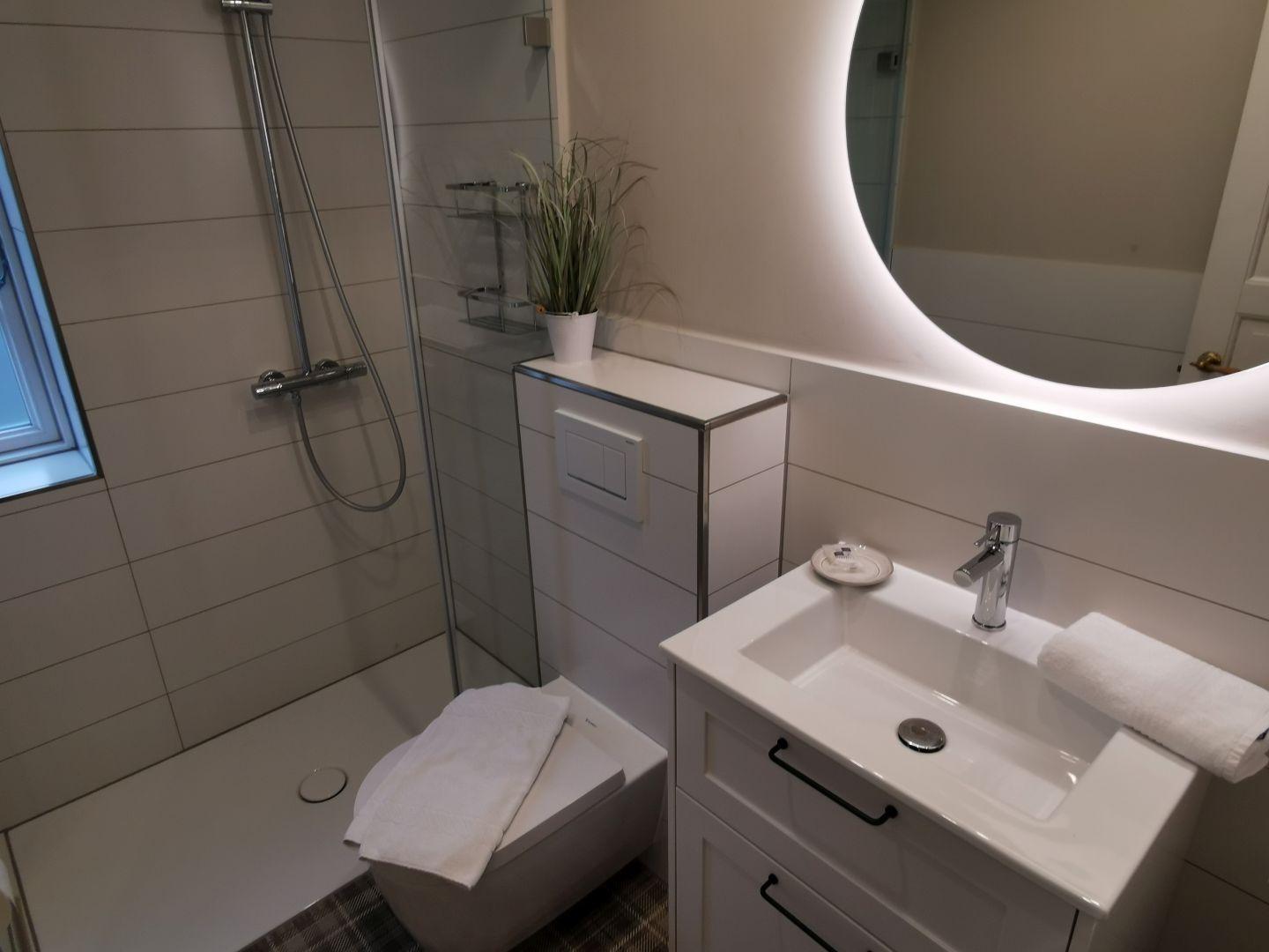 Badezimmer mit Dusche, Waschbecken und Toilette.