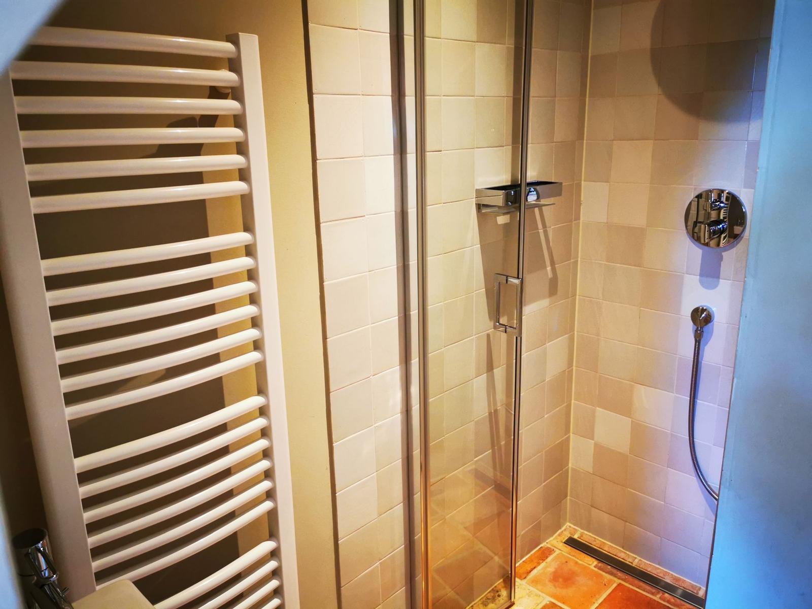 Dusche mit Glaswand und Heizkörper an der Wand