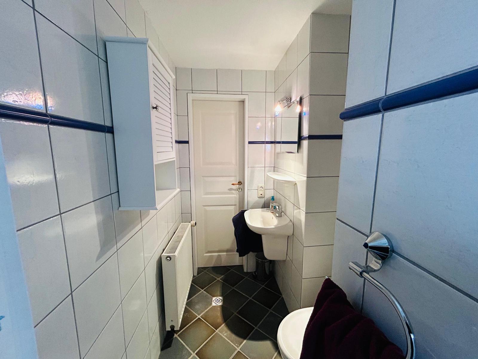 Badezimmer mit Toilette, Waschbecken und Heizung.