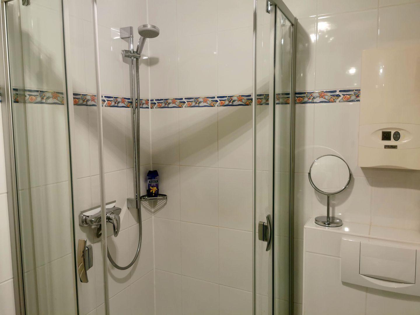Dusche mit Glaswand, Duschbrause und dekorativer Fliesenserie