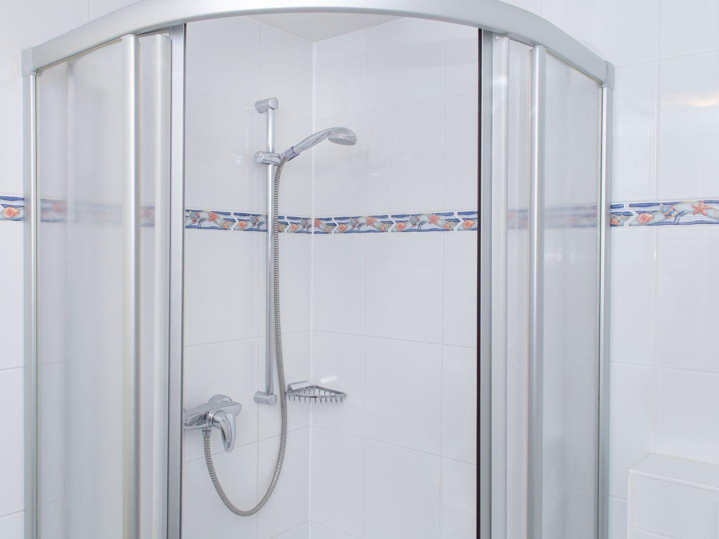 Dusche mit Duschbrause und Glaswand. Fliesen mit Meeresmotiv.