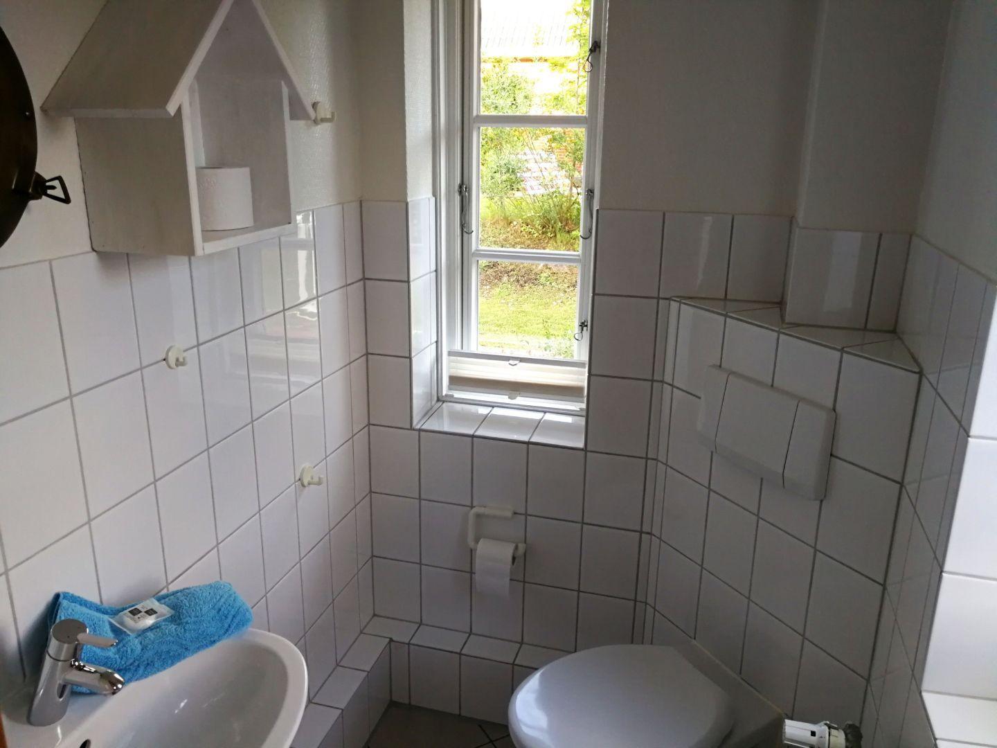 Badezimmer mit Toilette, Waschbecken und Fenster zur Außenansicht.