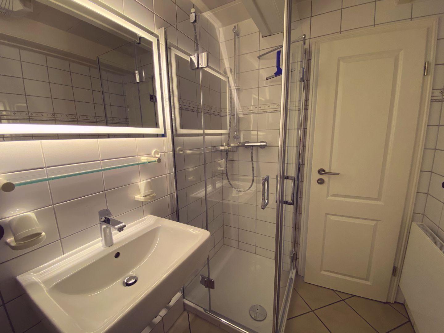 Badezimmer mit Dusche, Waschbecken und Spiegel.