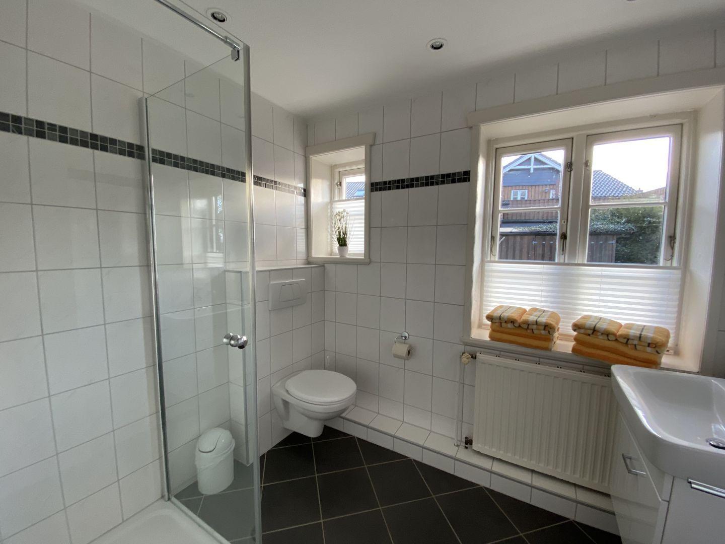 Badezimmer mit Dusche, Toilette und Waschbecken. Fenster mit Handtüchern.