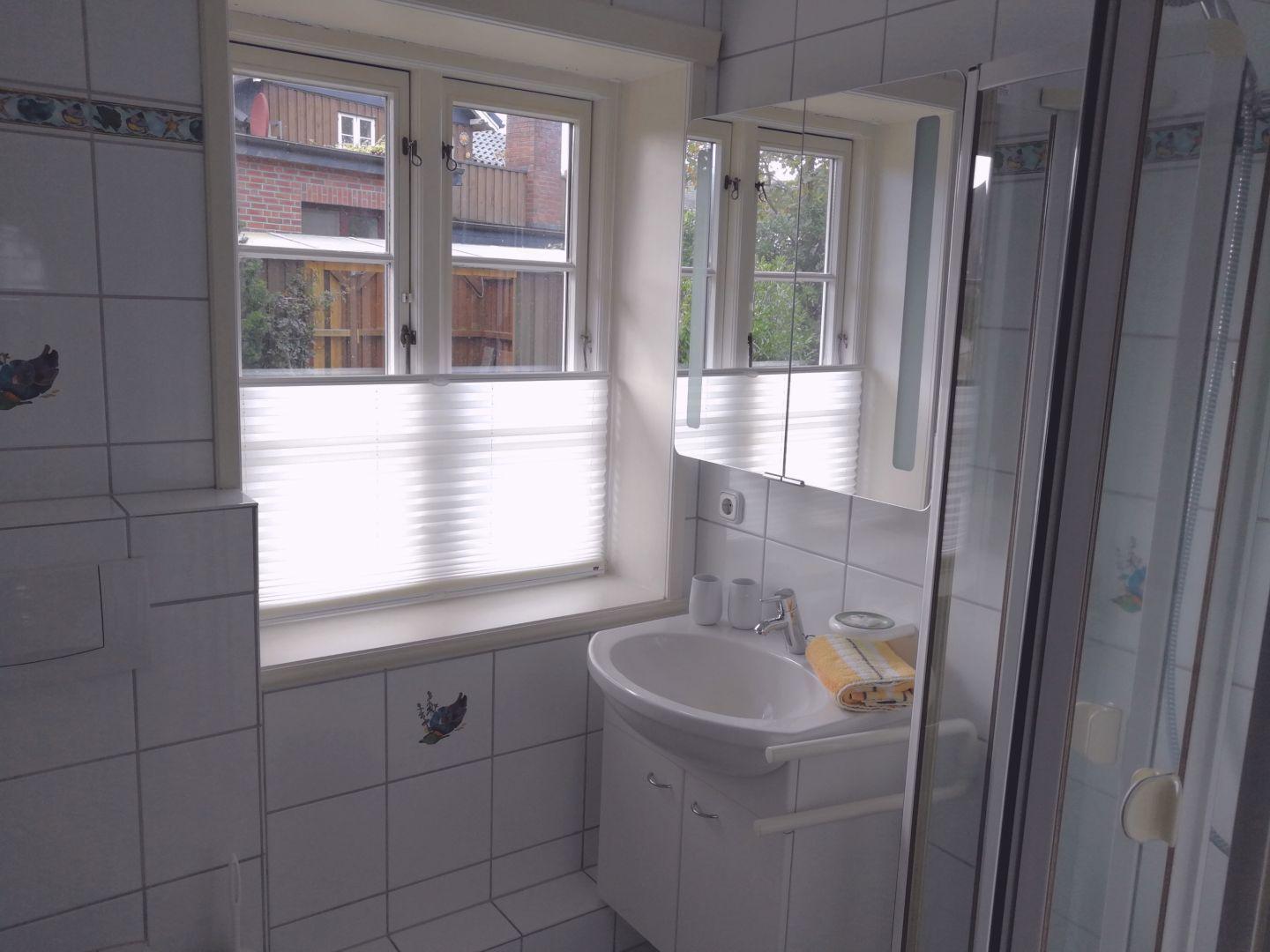 Badezimmer mit Waschbecken, Spiegelschrank und Dusche. Fenster mit Jalousie.