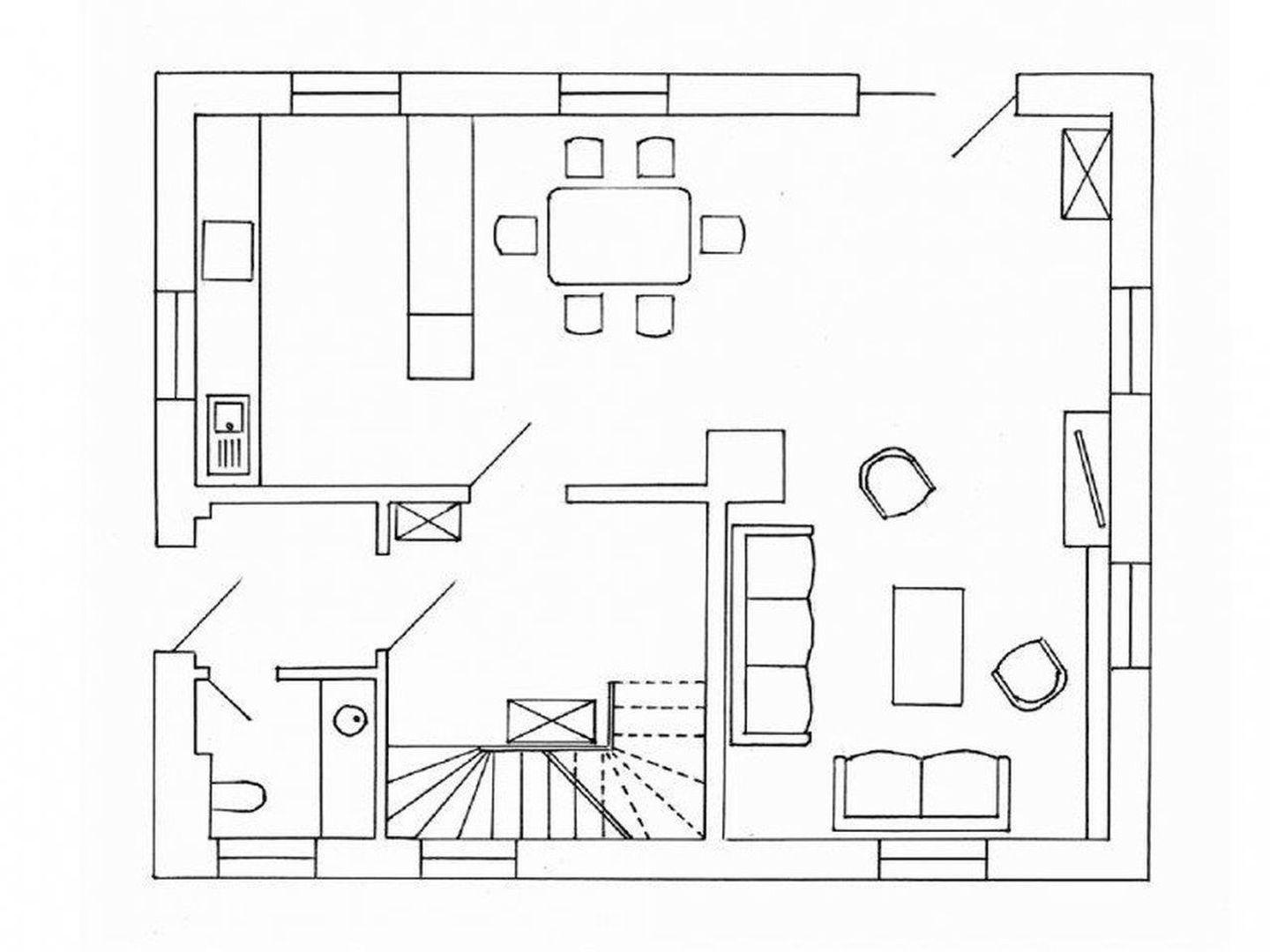 Dieses Haus hat eine Küche, Essbereich, Wohnzimmer und Bad.